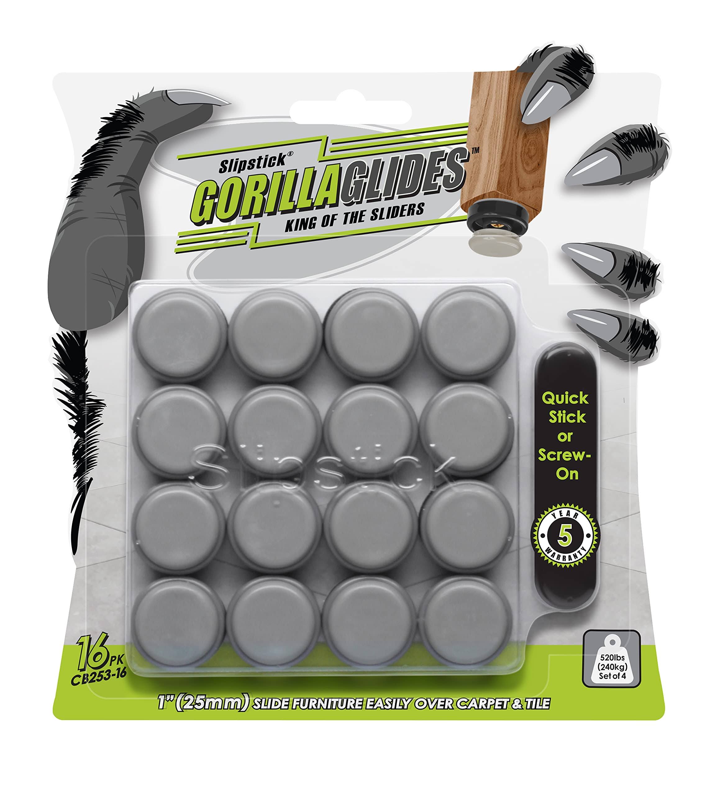 GorillaGlides 1 inch Chair Sliders/Floor Protectors (16 Furniture Glides) Screw-On or Self-Adhesive, for Sliding On Carpet & Hard Surface Floors,