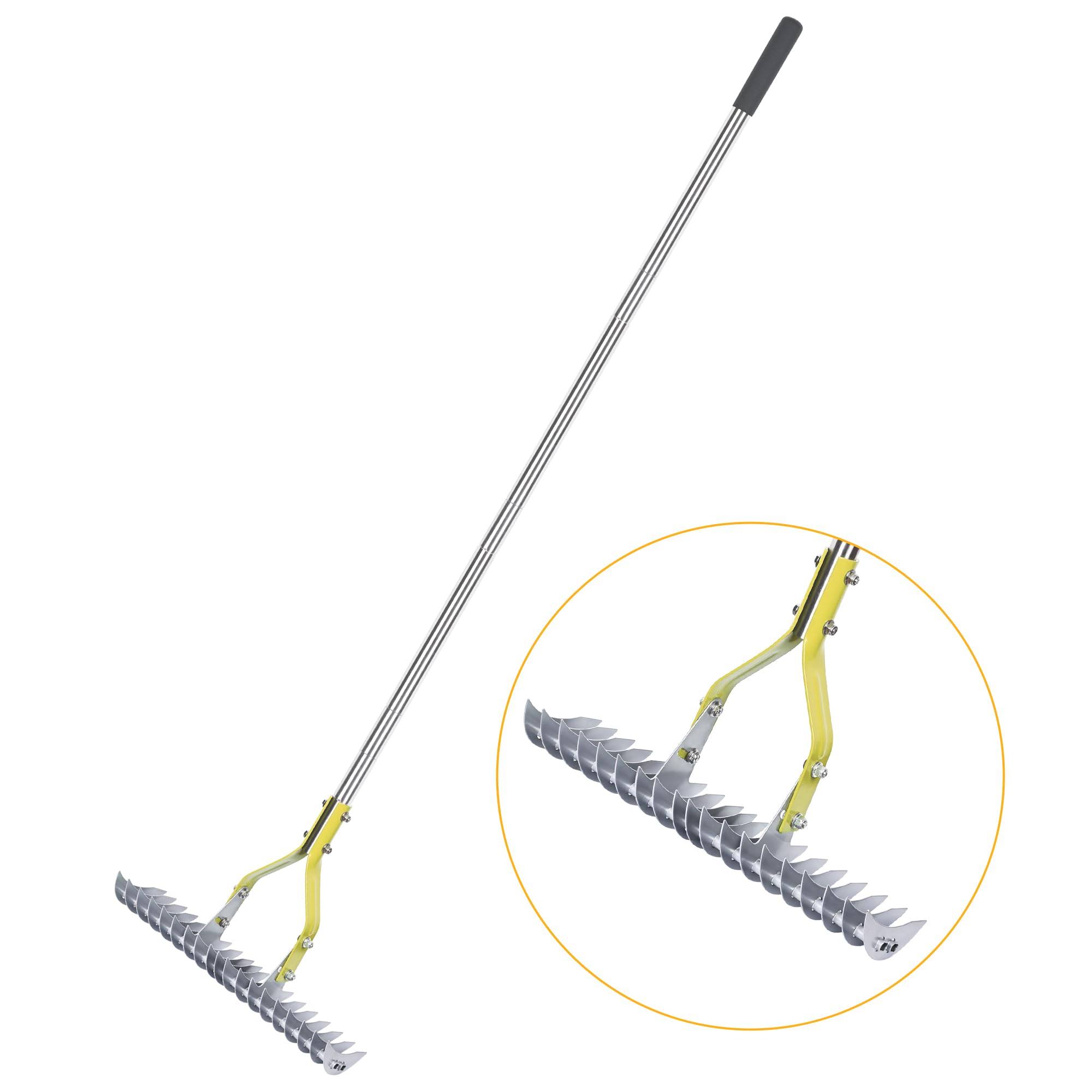 BARAYSTUS Thatch Rake, 15-inch Wide Lawn Thatching Rake for Cleaning Dead Grass, Efficient Steel Metal Lawn Grass Rake with Stainless Steel Handle,