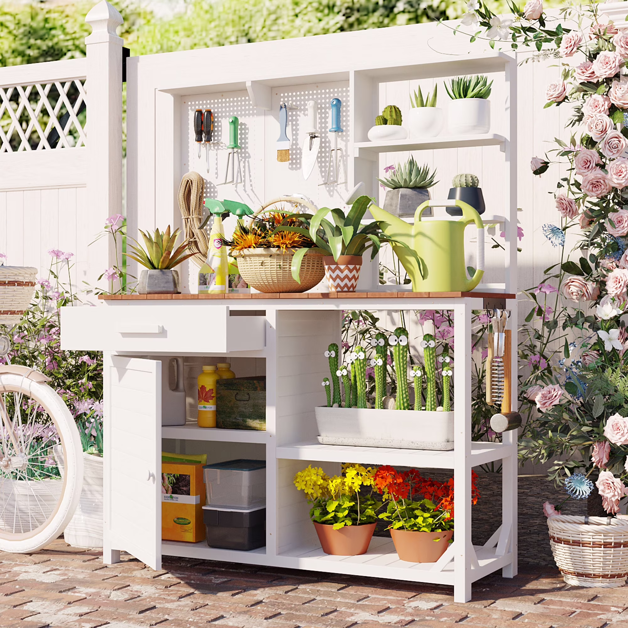 Euroco Fir Wood Potting Bench with Hutch, Garden Workstation for Planting, 4 Shelves & Adjustable Storage, Pegboard with Hooks, 50.2'' Countertop, Drawer & Cabinet