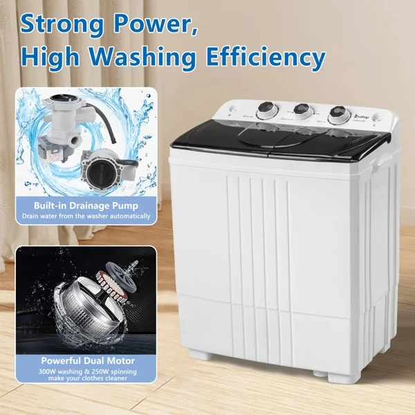 20Lb Twin Tub Washing Machine w/ Built-In Pump Semi-Automatic 1300RPM Compact Washer for Apartment, Dorm, RV, Camping, White/Black - Image 6