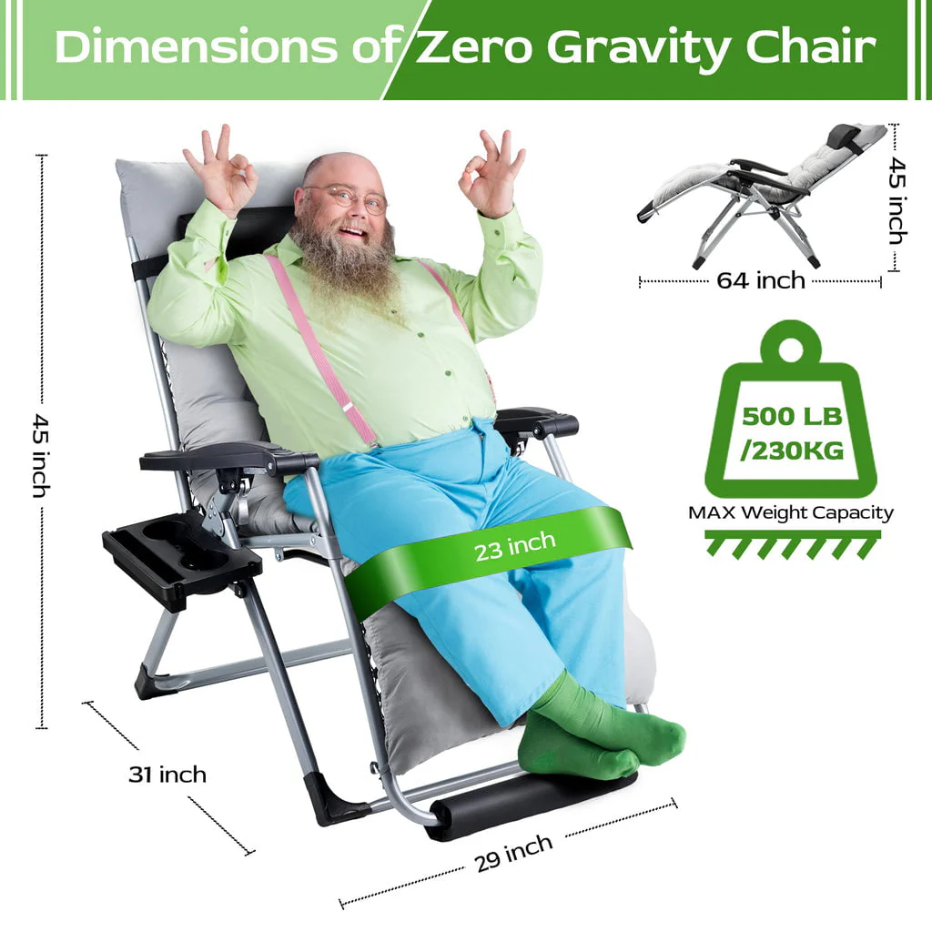 Oversized Zero Gravity Chair, VECUKTY Oversized XL Ergonomic Patio Recliner Folding Reclining Chair for Indoor and Outdoor, Gray