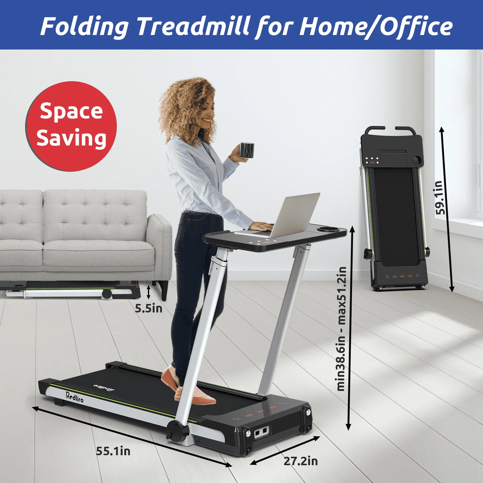 Redliro Folding Treadmills with Desk Adjustable Height 265 lb 2.25HP Walking Machine for Home Office