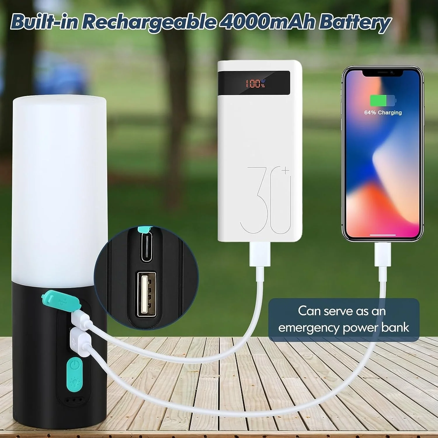 4-in-1 Multifunction Camping Light, 4000mAh Power Bank for Charging, IPX6 Waterproof LED Flashlight, 33ft 100 LED USB Powered String Fairy Lights for Outdoor Tent, Bedroom, Party, Hiking,Wedding