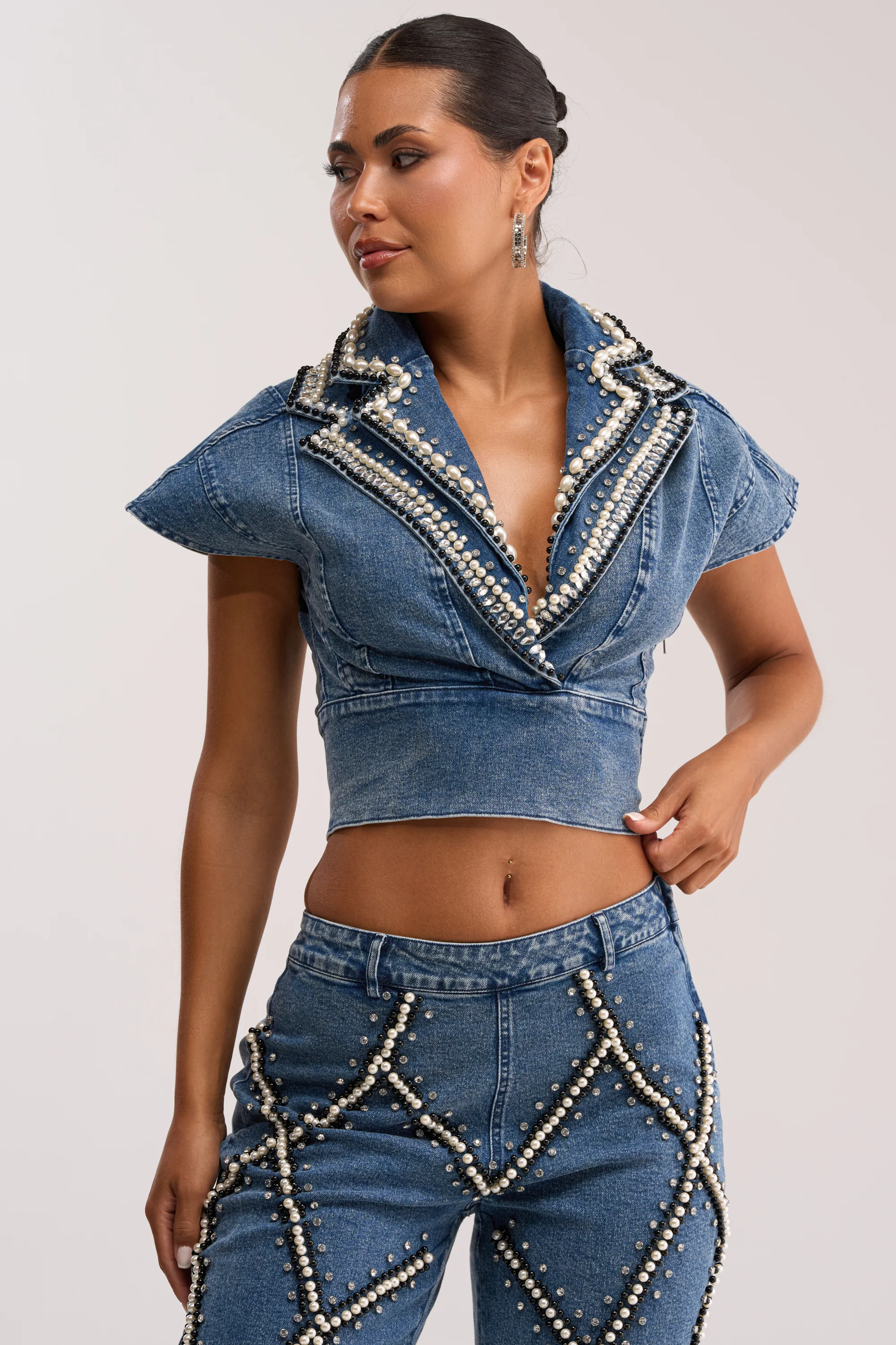 DRIPPING IN PEARLS DENIM BLOUSE - Akira Store
