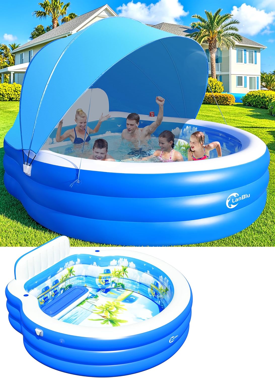 Piscine gonflable améliorée 2025 avec auvent, piscine familiale gonflable, piscine ronde gonflable pour adultes avec banc et dossier, piscine facile à installer dans le jardin pour enfants et adultes, 234 x 234 x 66 cm, bleue
