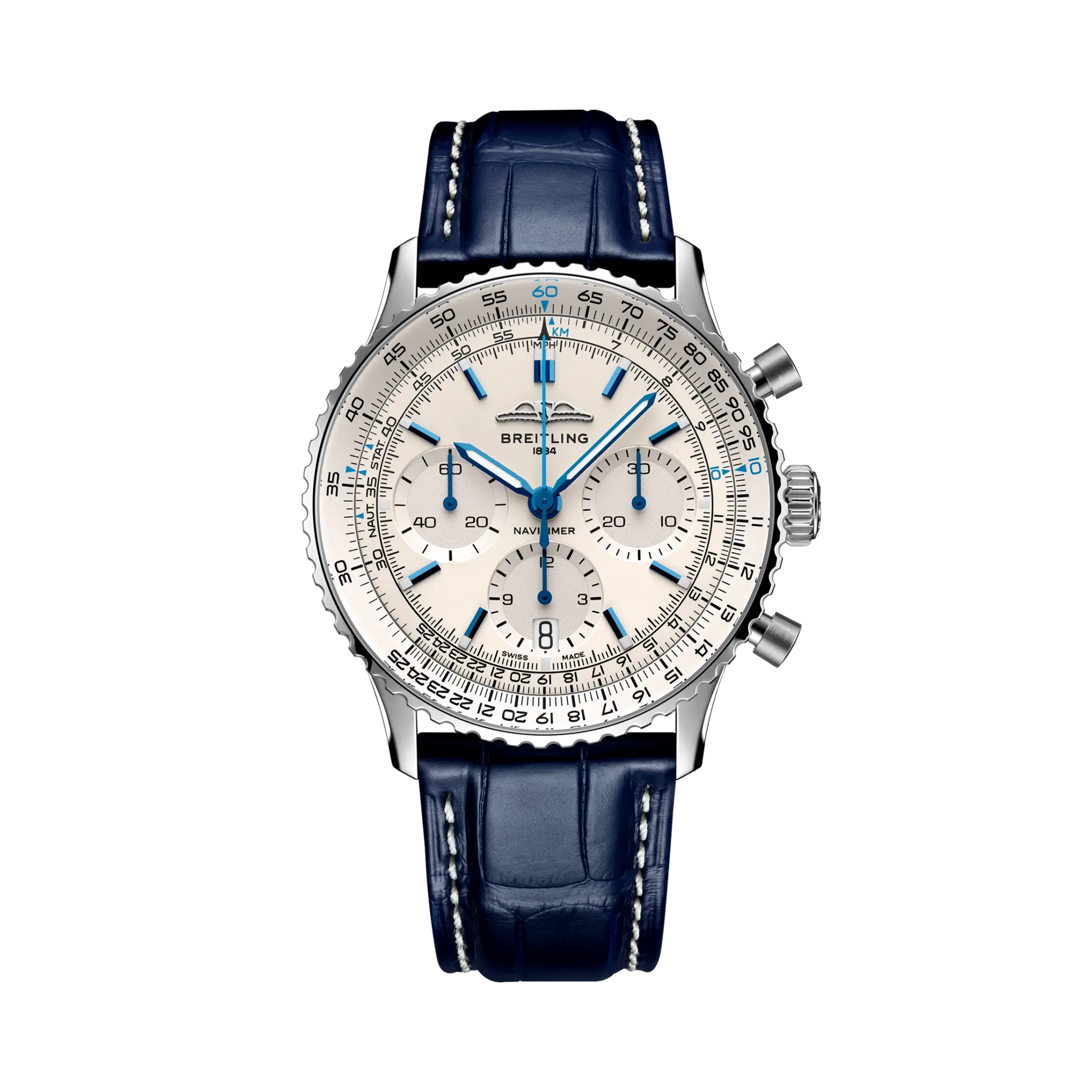 【Super Clone】Breitling Navitimer B01 Chronograph 41 Silver Dial Blue Strap AB0139A71G1P1