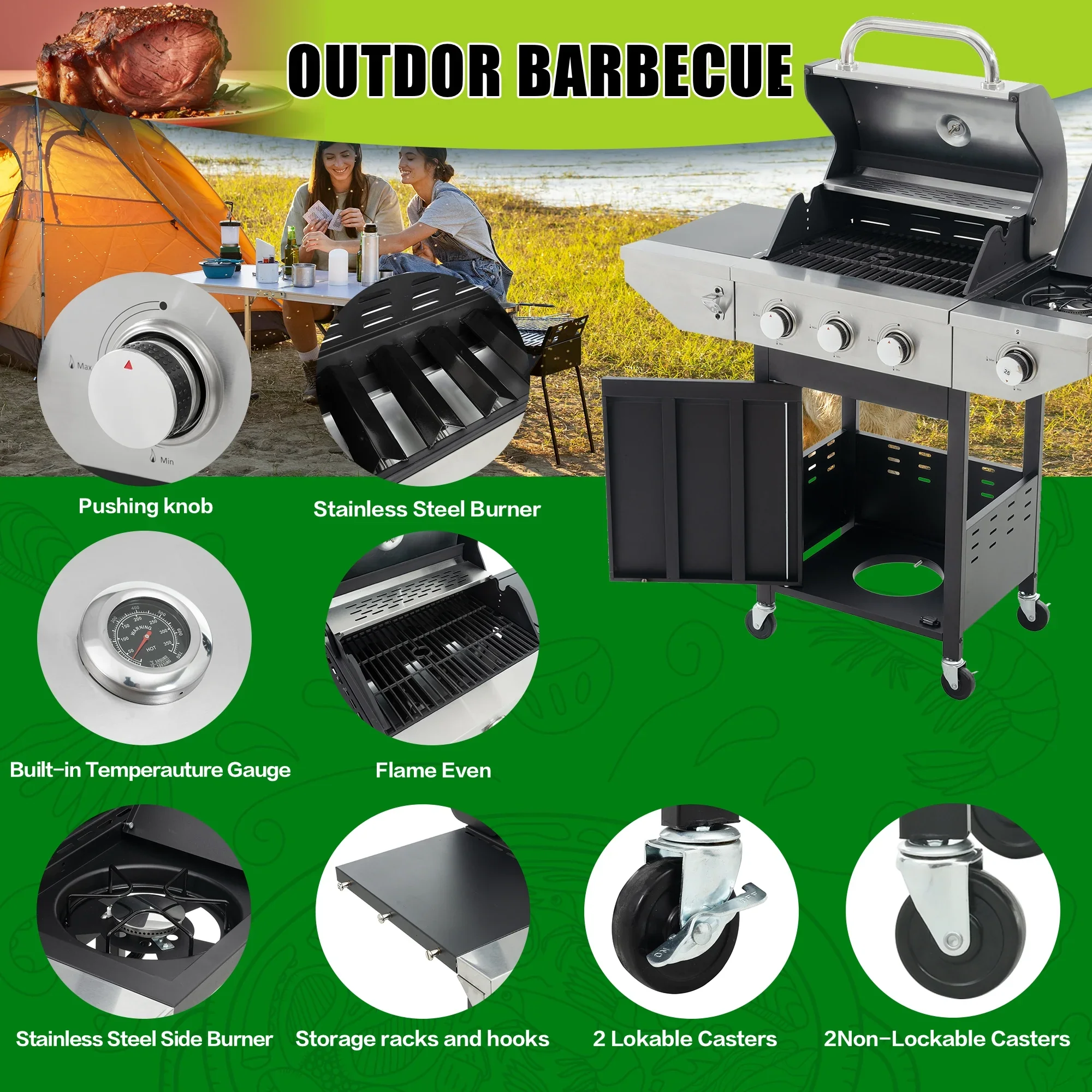 Furnibear 4 Burner BBQ Propane Gas Grill, Stainless Steel 34,000 BTU Patio Garden Barbecue Grill with Two Foldable Shelves