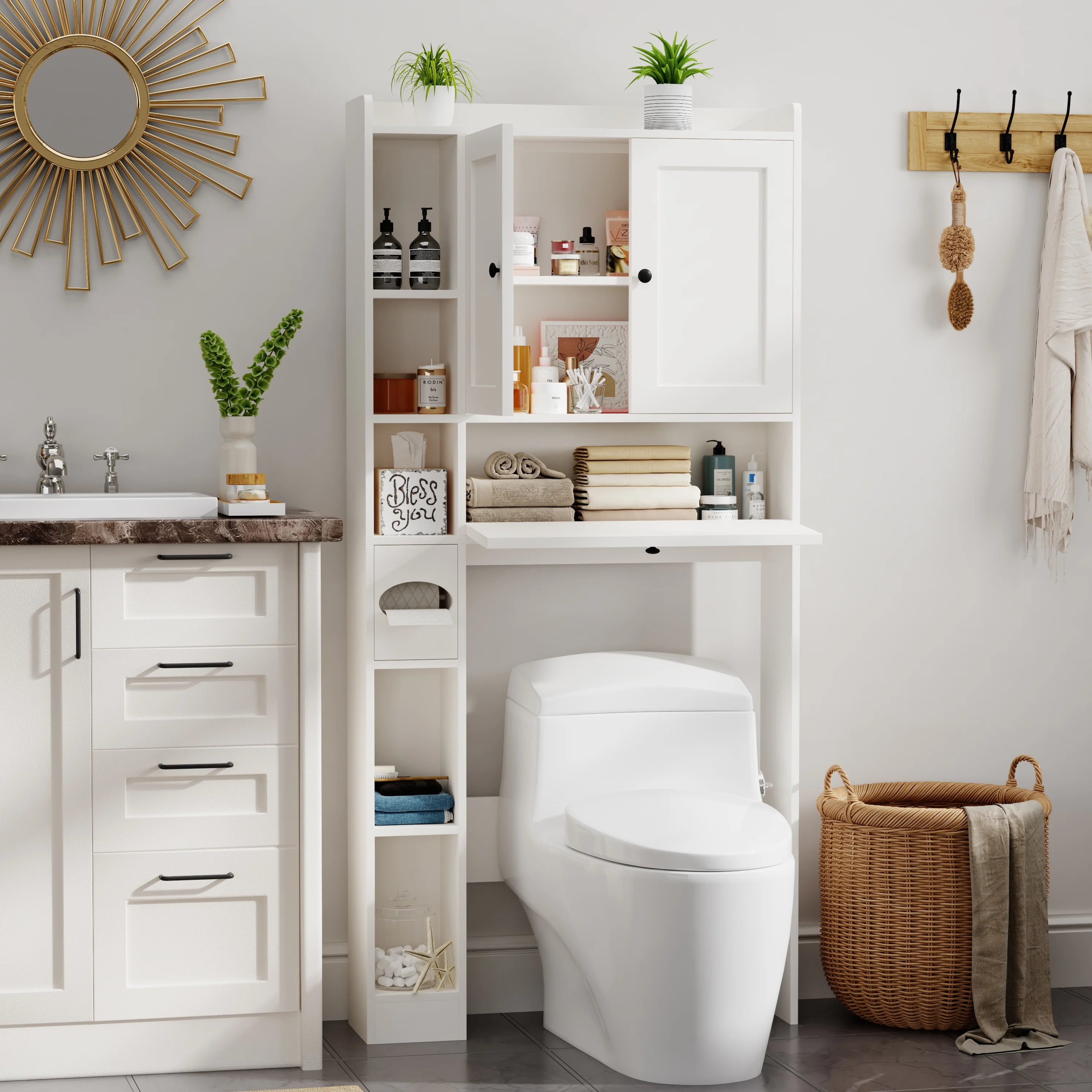 Over The Toilet Storage Cabinet,Bathroom Storage Cabinet with Wooden Doors,Bathroom Organizer Over-The-Toilet Cabinet(White)(White) - Image 10