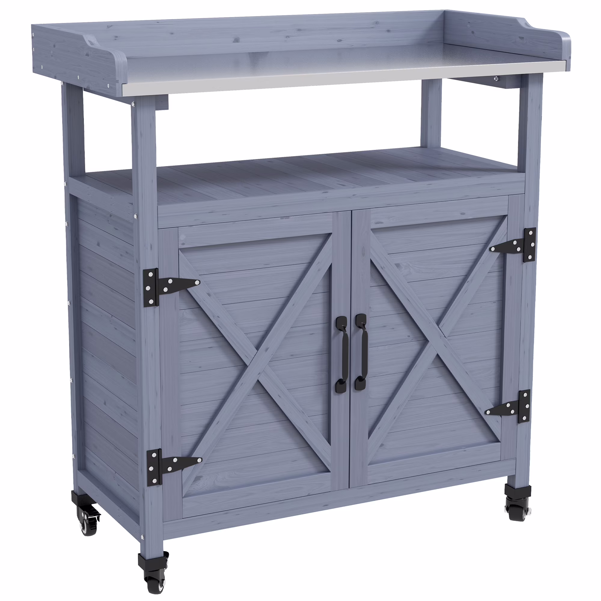 QISHENSHUI Practical Outdoor Potting Bench with Storage Bins & Shelves �C Solid Aluminum Table Top and Portable Rolling Wheels for Garden, Backyard & Outdoor Planting, Gray
