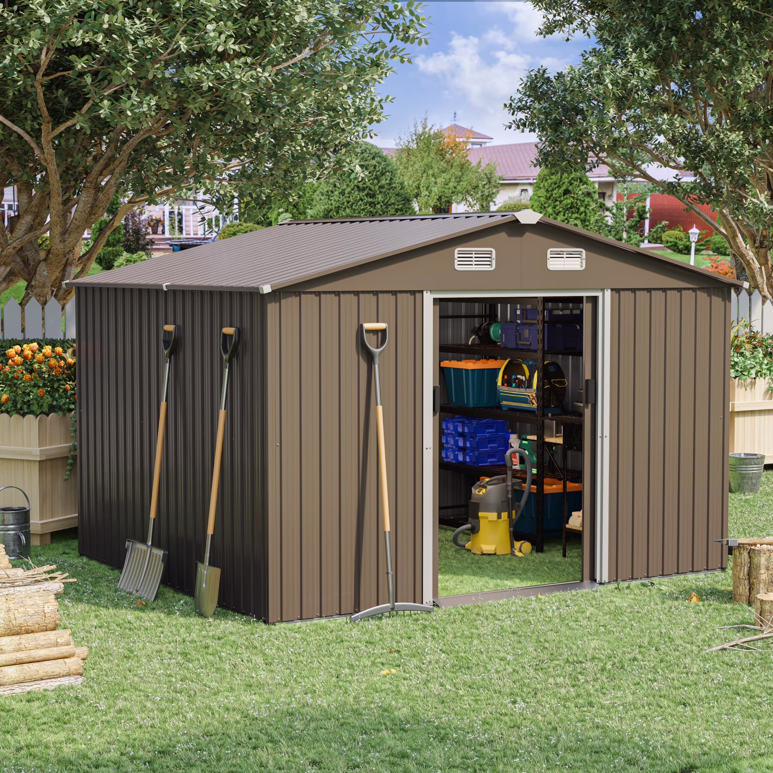 ALAULM 8x6 ft Outdoor Steel Storage Shed, Waterproof Lockable Door Metal Tool Shed with Sliding Door and Ventilation, Tool Storage Room with Roof for Garden (Brown)