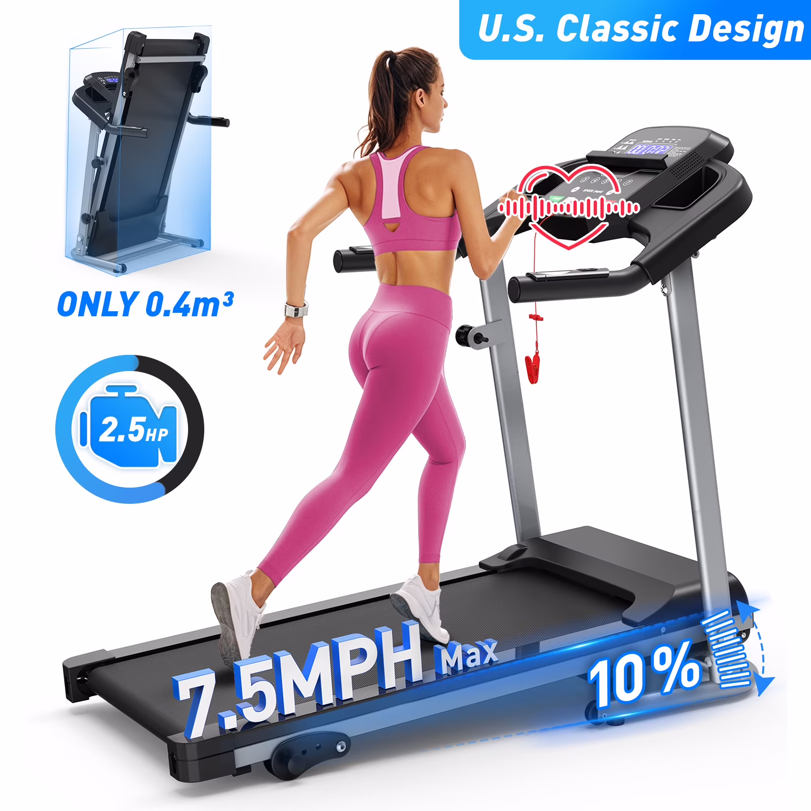 Foldable Electric Treadmill for Home, 2.5HP Quiet Brushless Folding Treadmill, 7.5 MPH, LCD Display, Heart Rate Sensor (Black)(MODEL 2 Black) - Image 9