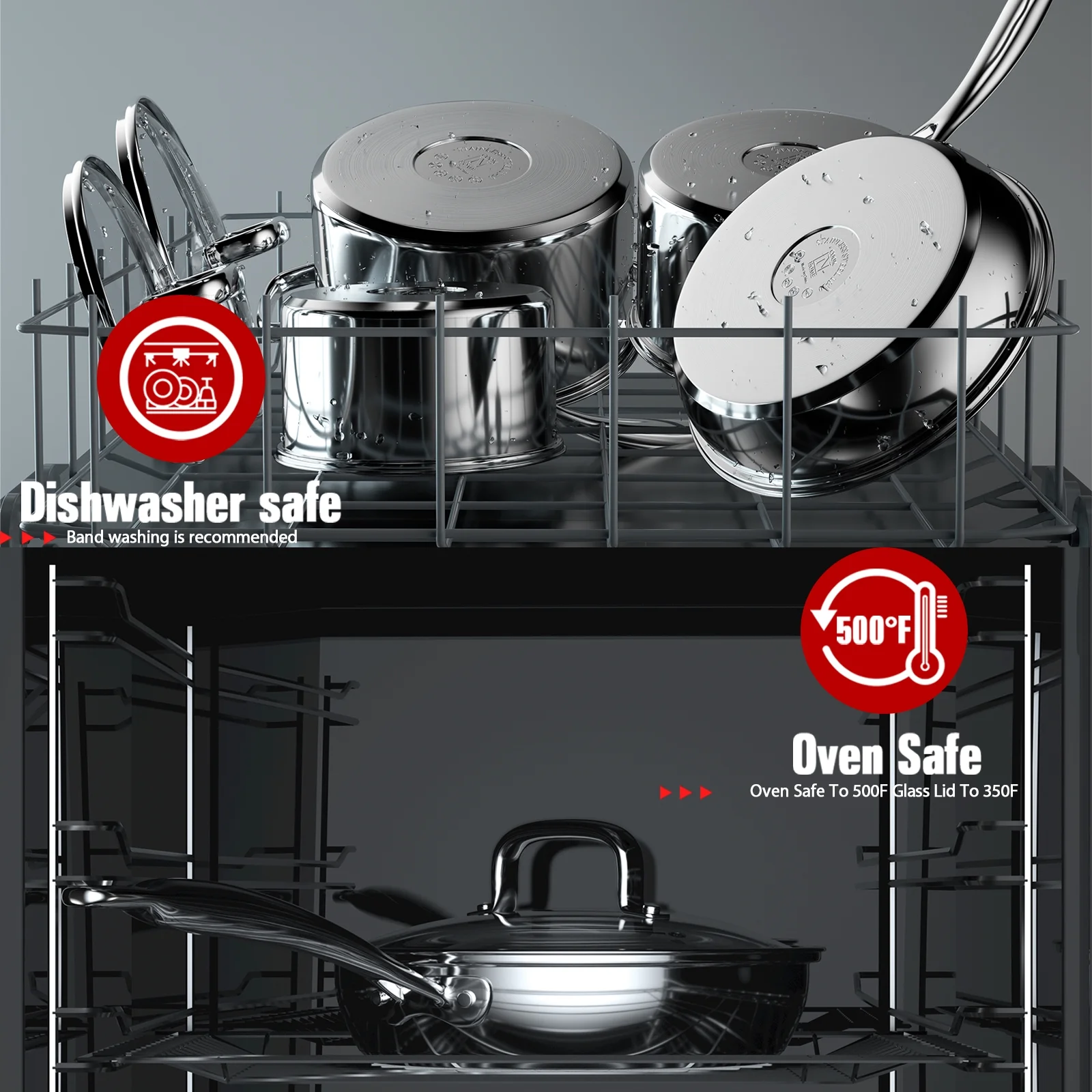 Cook N Home Pots and Pans Stainless Steel, 8 - Piece Induction Pot Kitchen Cookware Set, Silver, Oven Safe