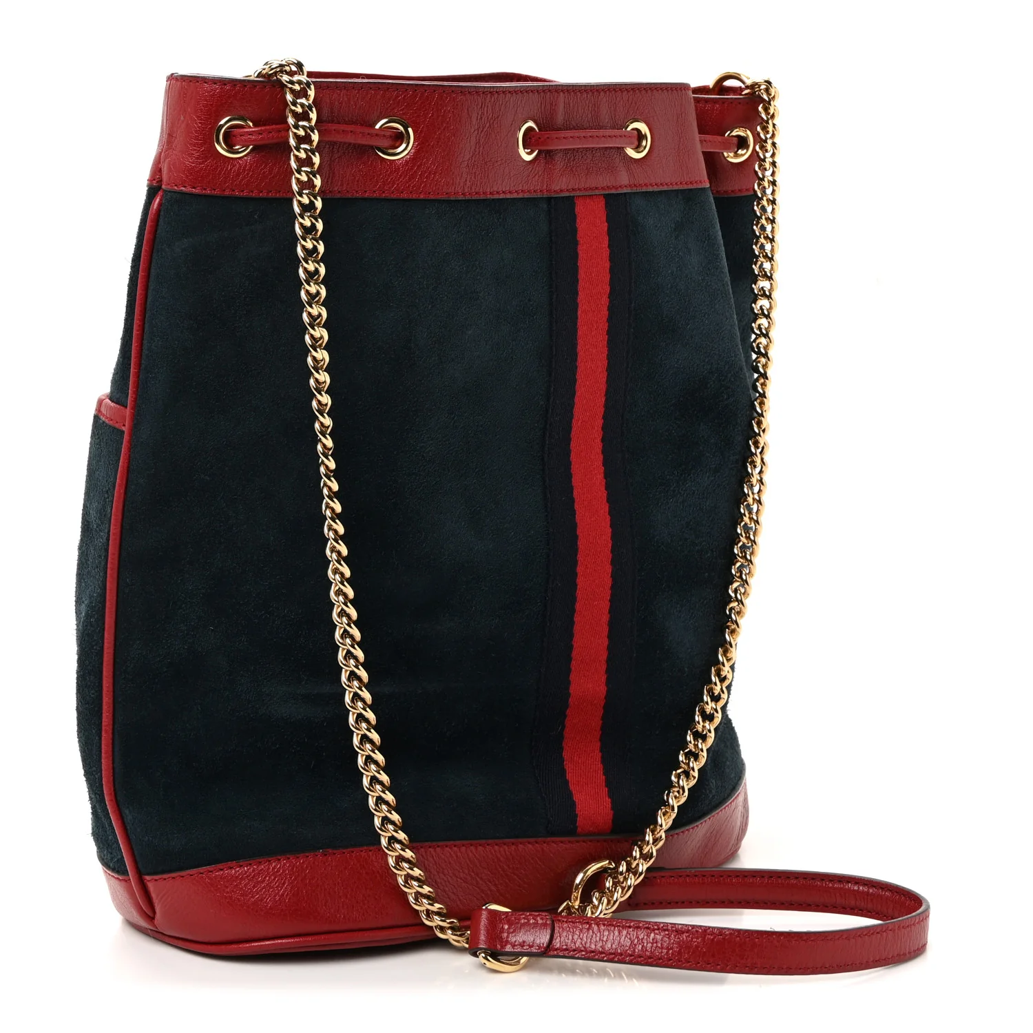 Suede Calfskin Web Medium Rajah Bucket Bag New Blue Romantic Cherry