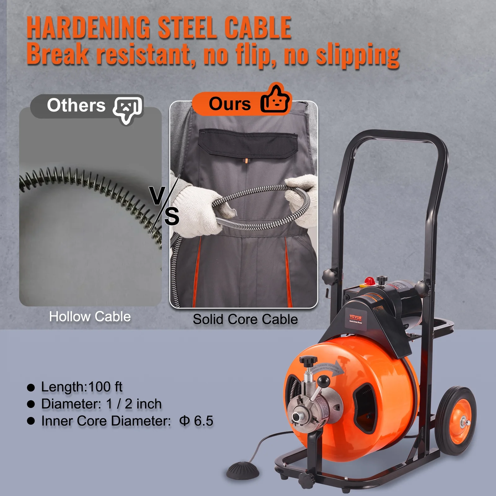 VEVOR Drain Cleaner Machine 100 FT x 1/2 in, Sewer Auger Auto Feed with 4 Cutter & Air - Activated Foot Switch for 1