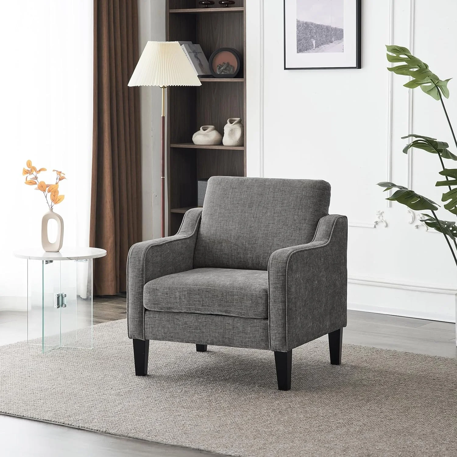VINGLI Mid Century Modern Chenille Comfy Armchair, Creamy White