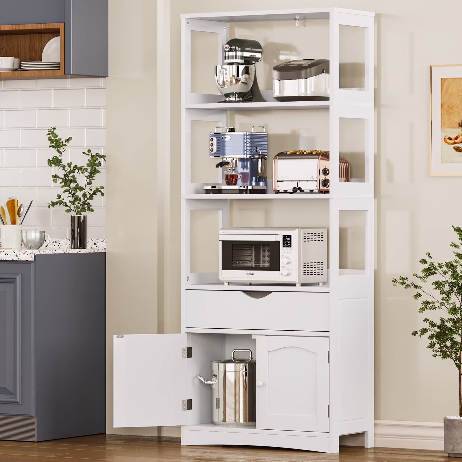 Sideboard Storage Cabinet with DrawerShelves, Kitchen Pantry Storage Cabinet with Microwave SpaceCupboard, Modern Freestanding Floor Bathroom Cabinet/Bookshelf for Home Office, White(WhiteDrawer) - Image 3