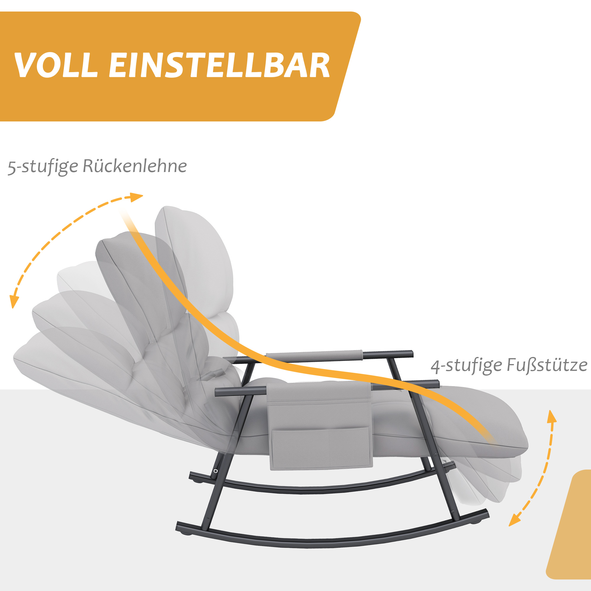 HOMCOM Schommelstoel, verstelbare rugleuning & voetensteun, zijvak, Microvezelhoes, Metalen frame, Grijs
