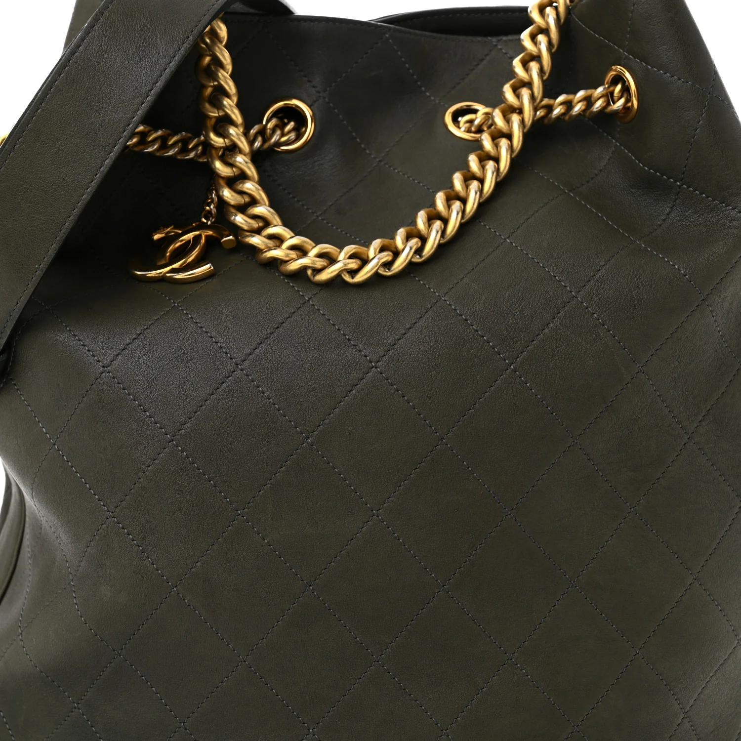 Calfskin Quilted Small On My Shoulder Drawstring Bag Dark Green