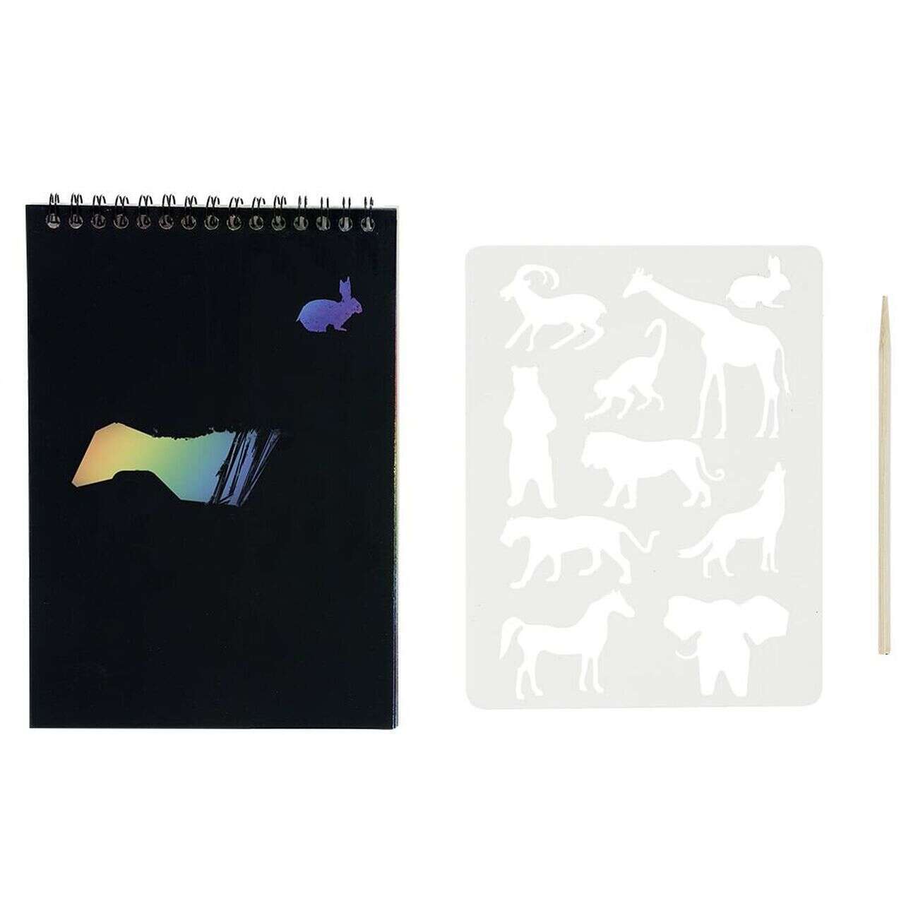 Carnet à gratter noir 8 pages pages + 1 pochoir + bâtonnet bois