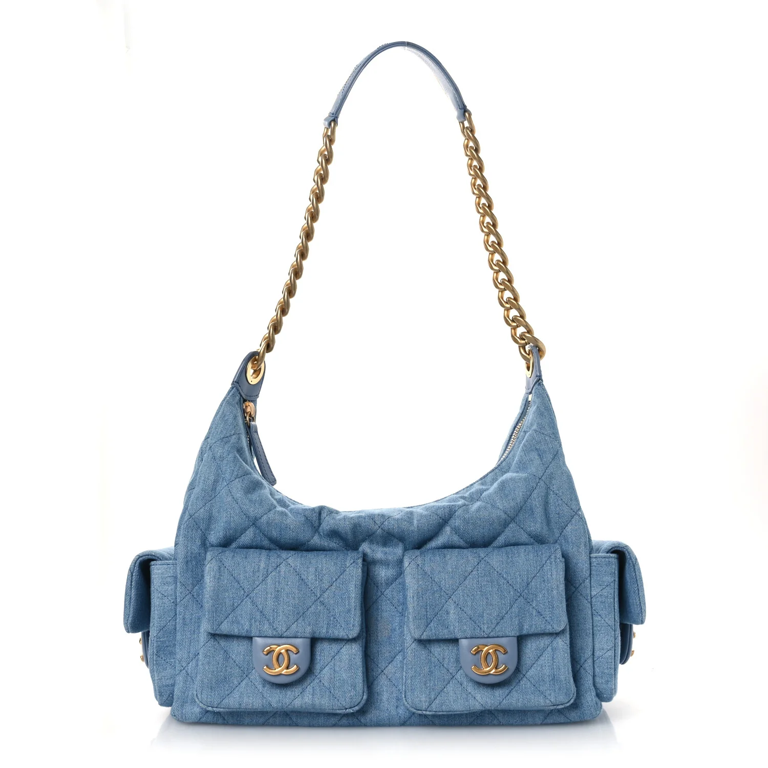 Washed Denim Quilted Large Trendy Pockets Hobo Blue