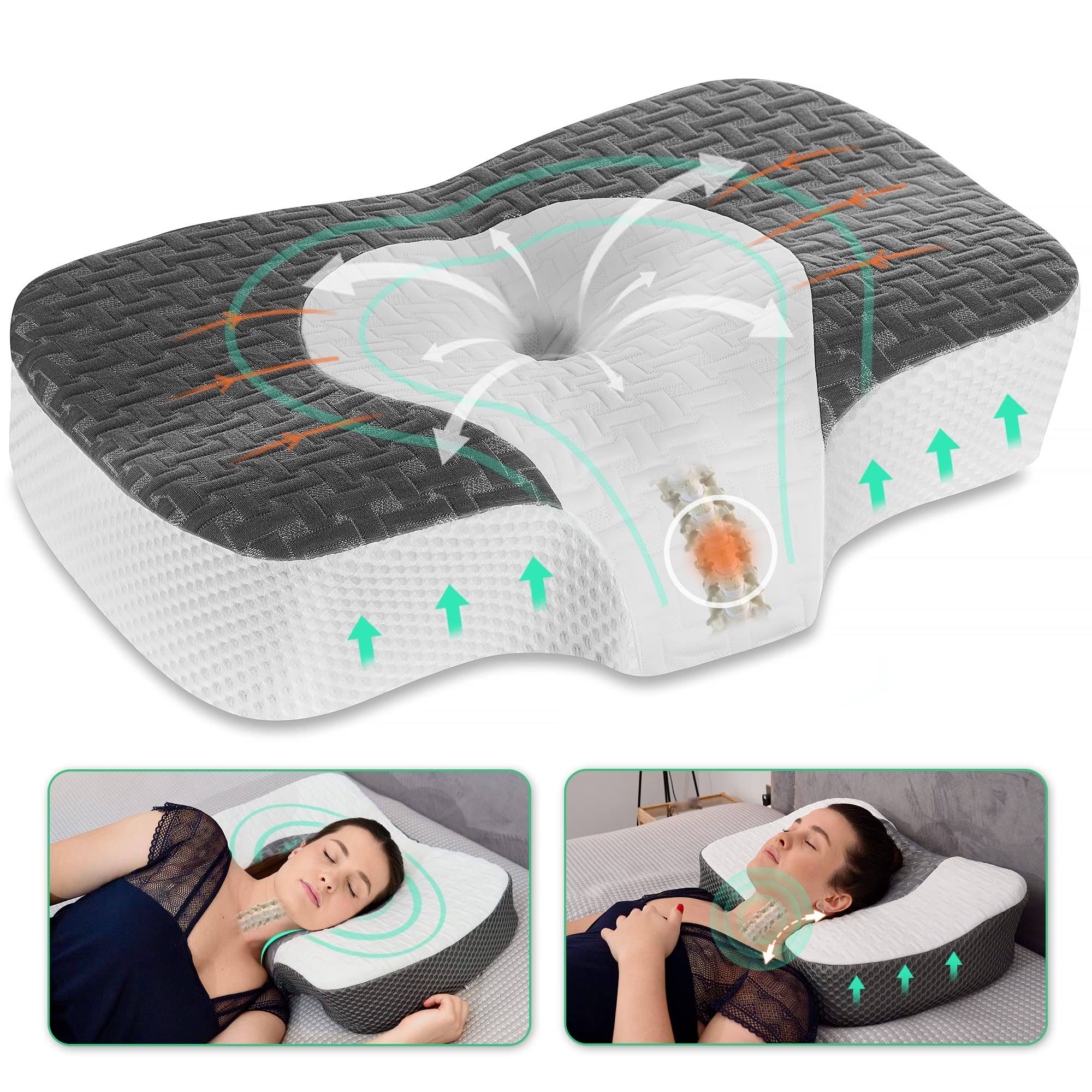 Elviros Cervical Memory Foam Neck Pillow for Side Sleeping, Contour Orthopedic Pillows for Back and Stomach Sleepers, Adjustable Ergonomic Bed