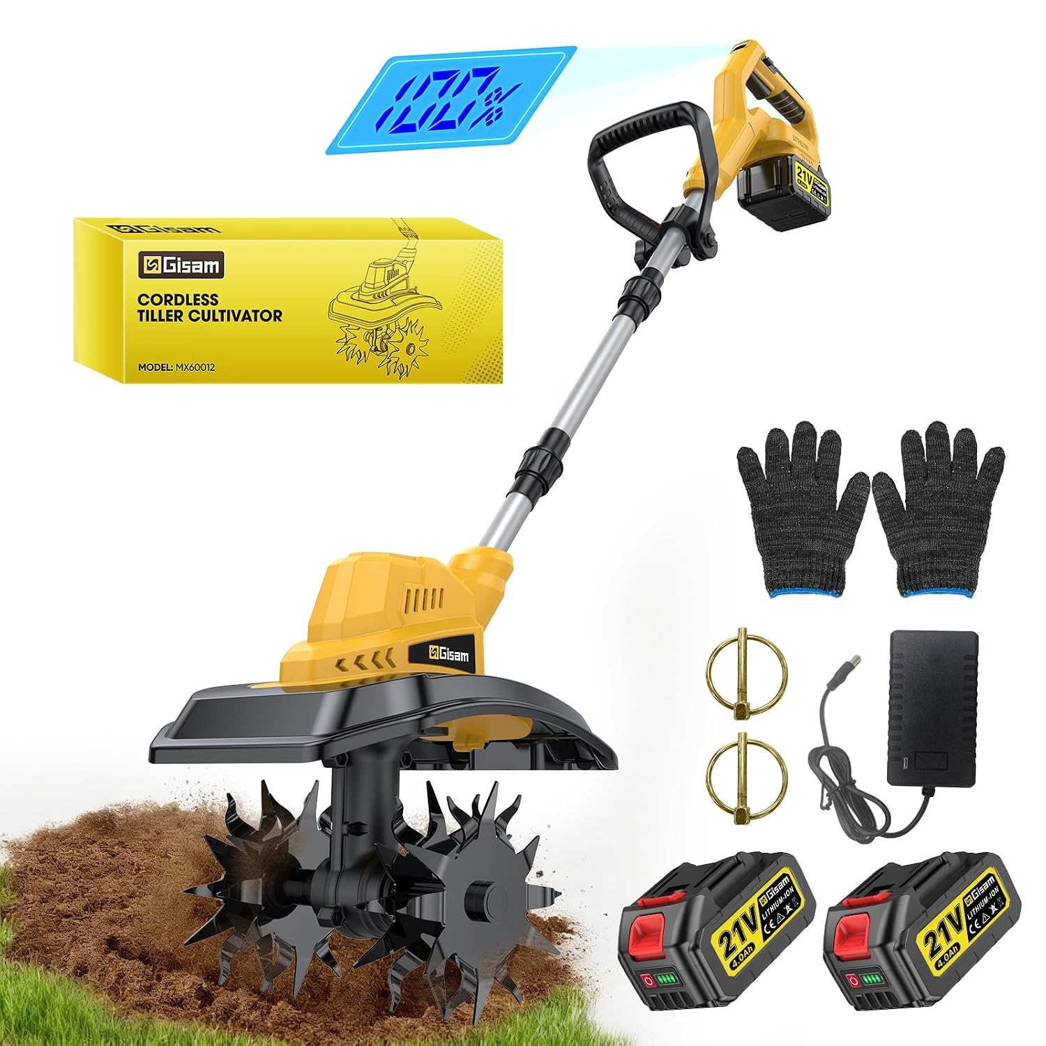 Gisam Cordless Tiller for Gardening,9" Width 8.3" Depth Electric Cultivator