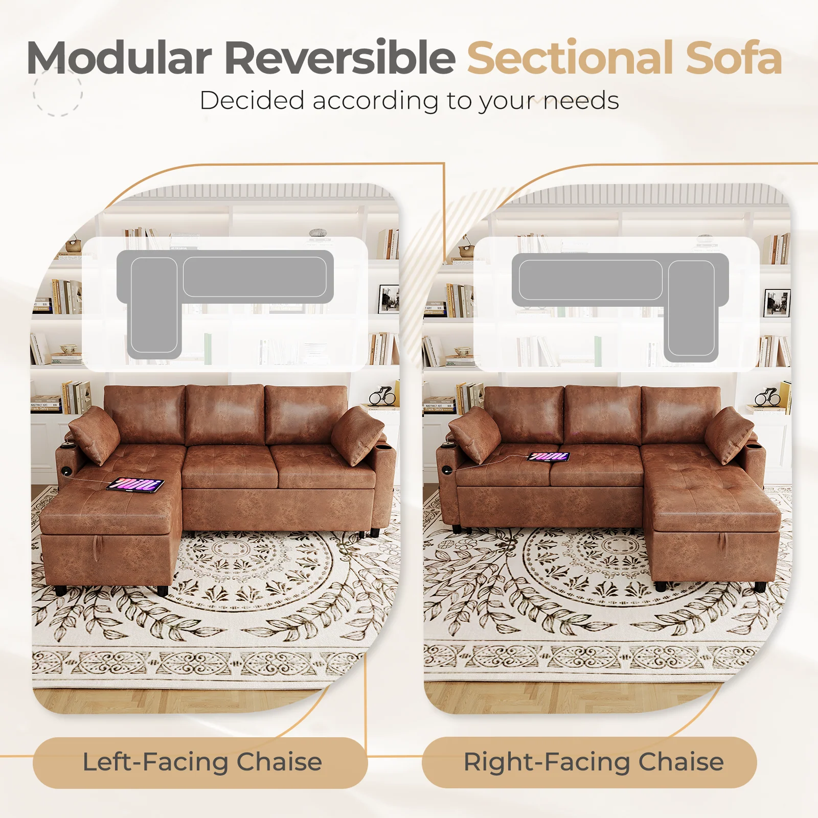 AECOJOY Sleeper Sofa Couch with Pullout Bed, Faux Leather, Brown