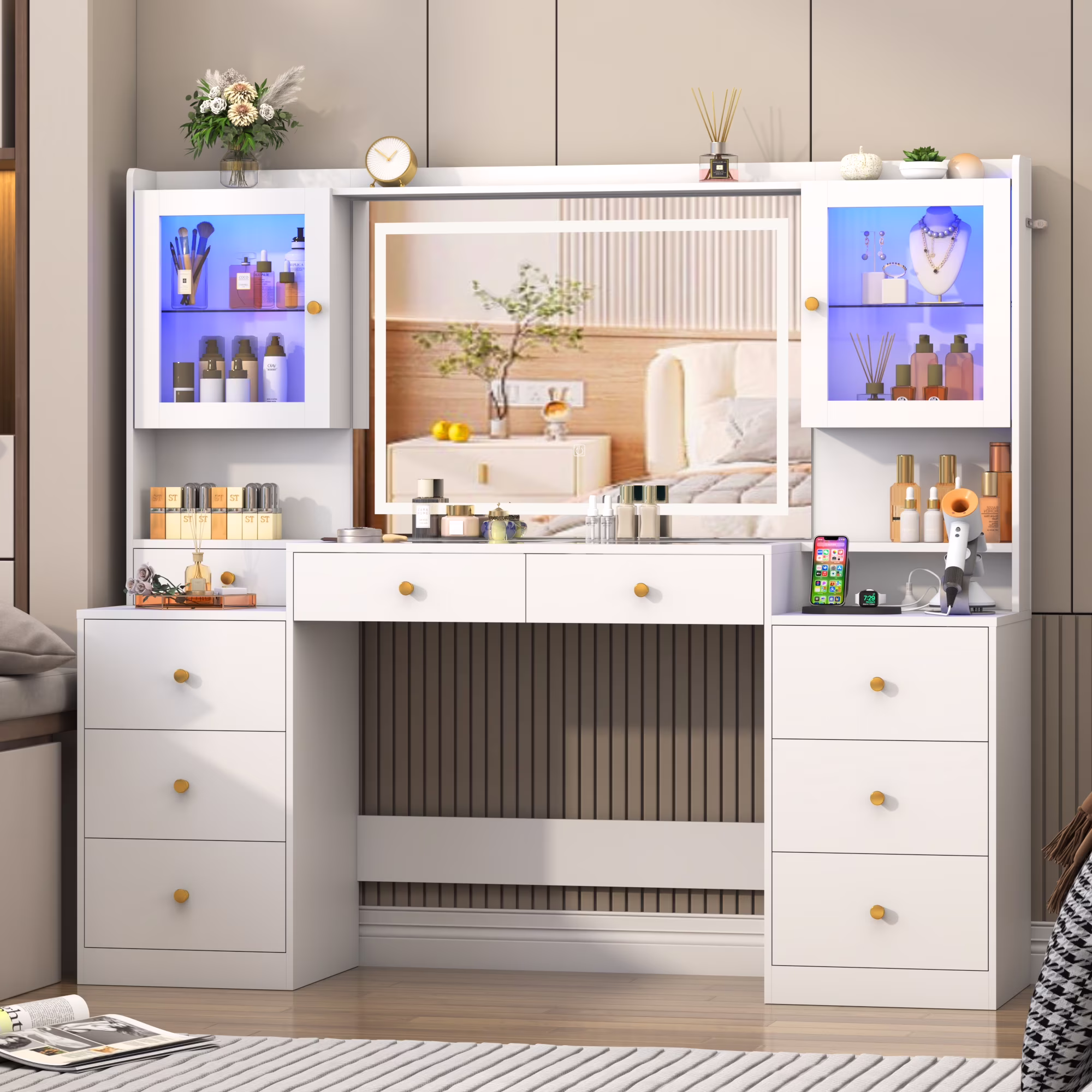 Chvans 62'' Large Vanity Desk with Tempered Glass Top, 60000 - Color LED Lights, Charging Station, White Makeup Vanity with 3 Lights Mode LED Mirror, 9 Drawers, 2 RGB Cabinets for Women, Girls Gift