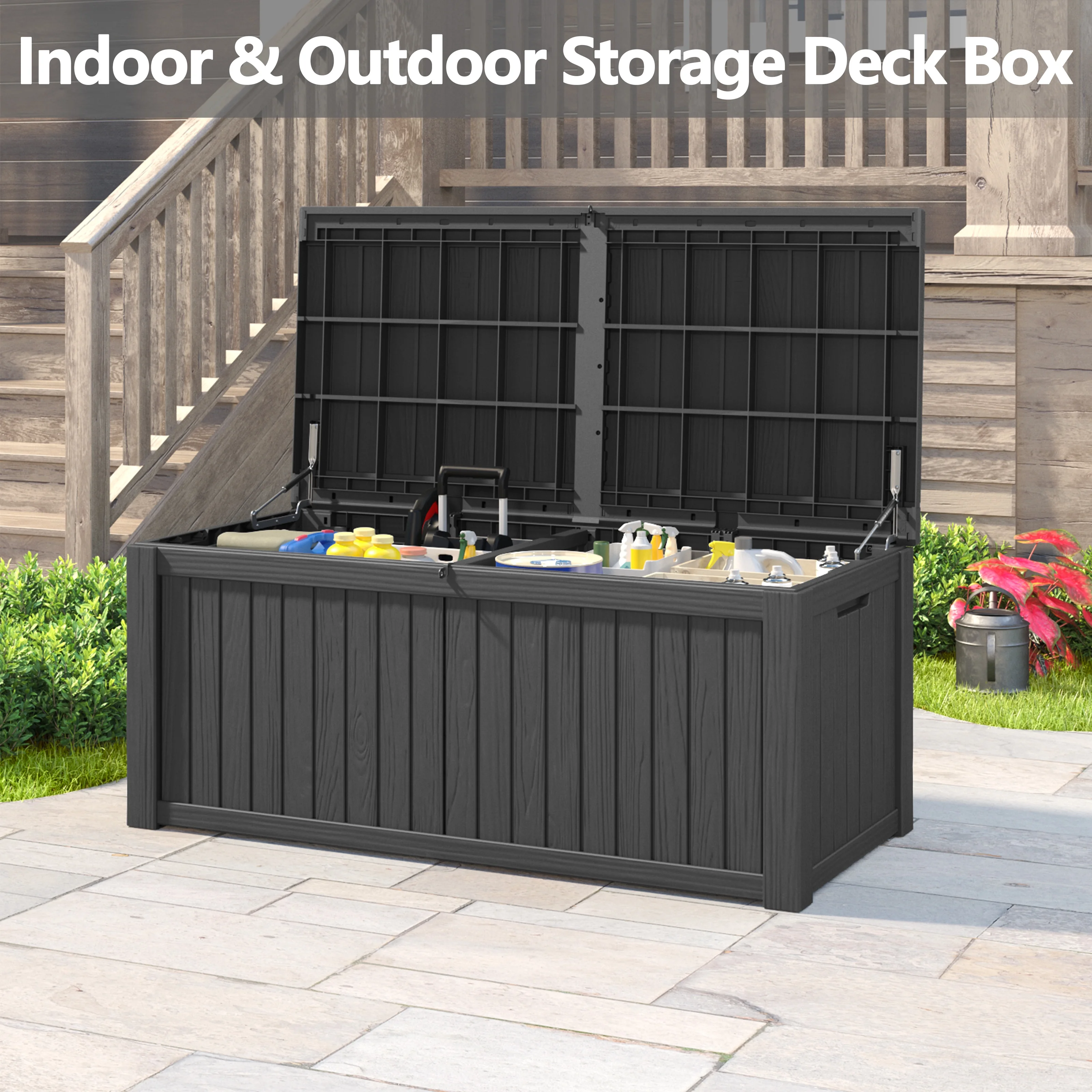 150 Gallon Deck Box, Outdoor Storage Box, Large Waterproof Resin Indoor Storage Box with Built-in Steel Beams for Patio, Cushions, Pool Supplies(150 gal/Black) - Image 7