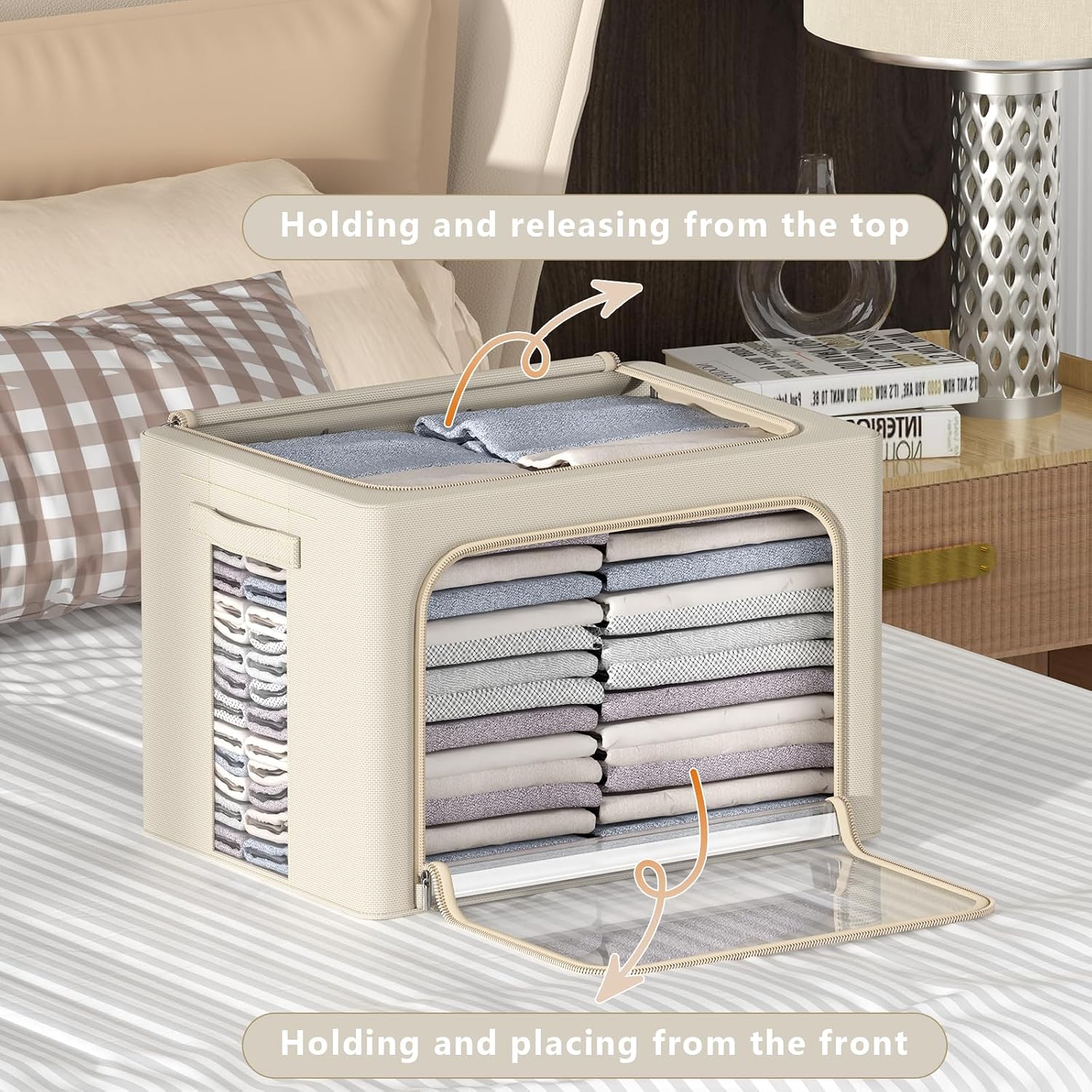 3-Pack Frame Storage Box - Clothes Storage Bin Bags Oxford Fabric Foldable Stackable Container Organizer Set with Clear Window & Carry Handles Large Capacity (Beige, Small-22L)
