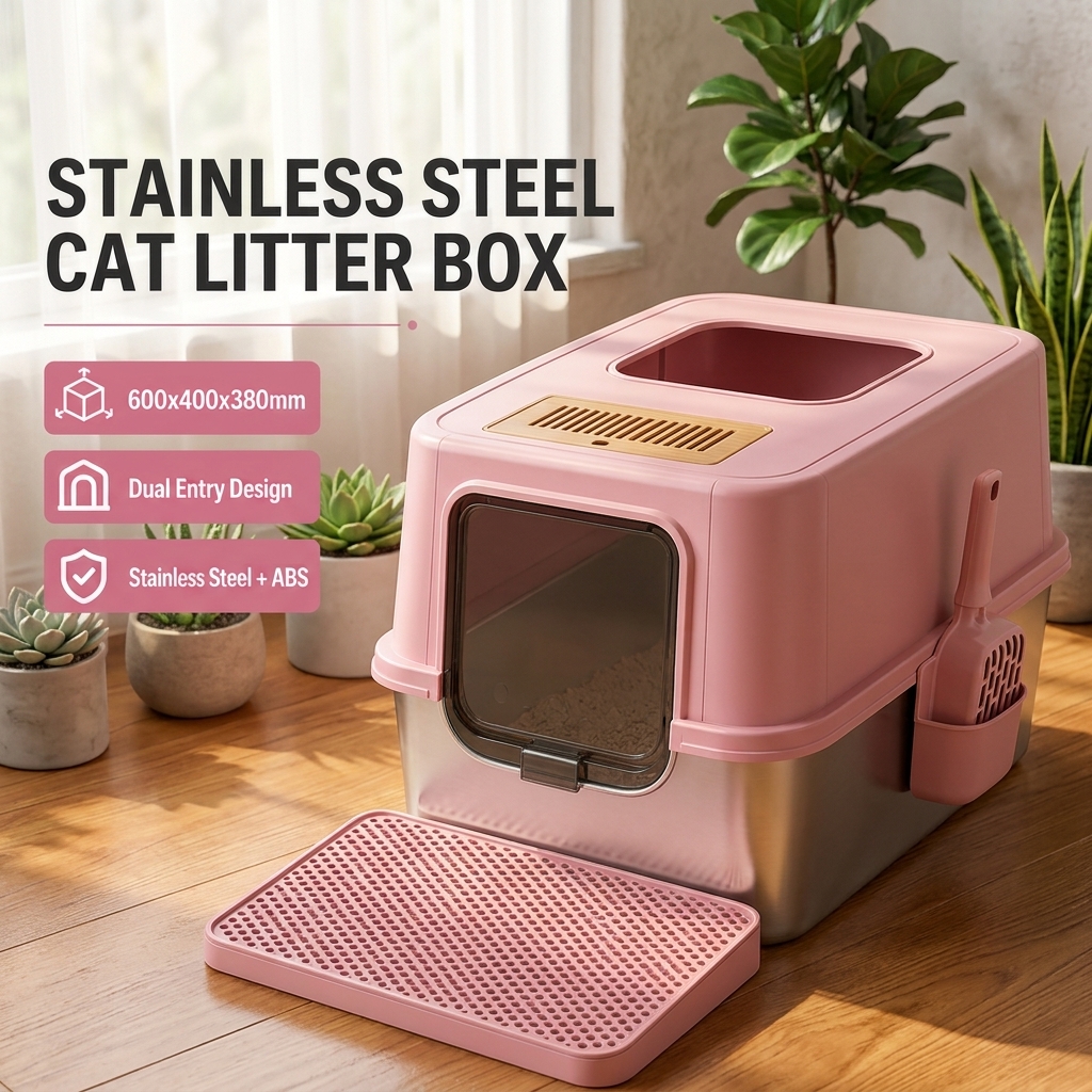 Extra Large Stainless Steel Cat Litter Box with Charcoal Pack, Top Entry and Enclosed Metal Base for Indoor Cats