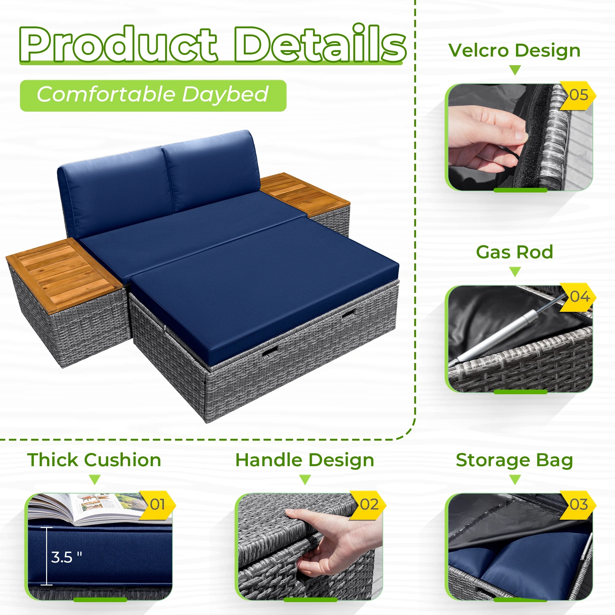 Powder Coated Alloy Steel Outdoor Daybed with Storage, Dark Blue(Dark Blue) Image 8