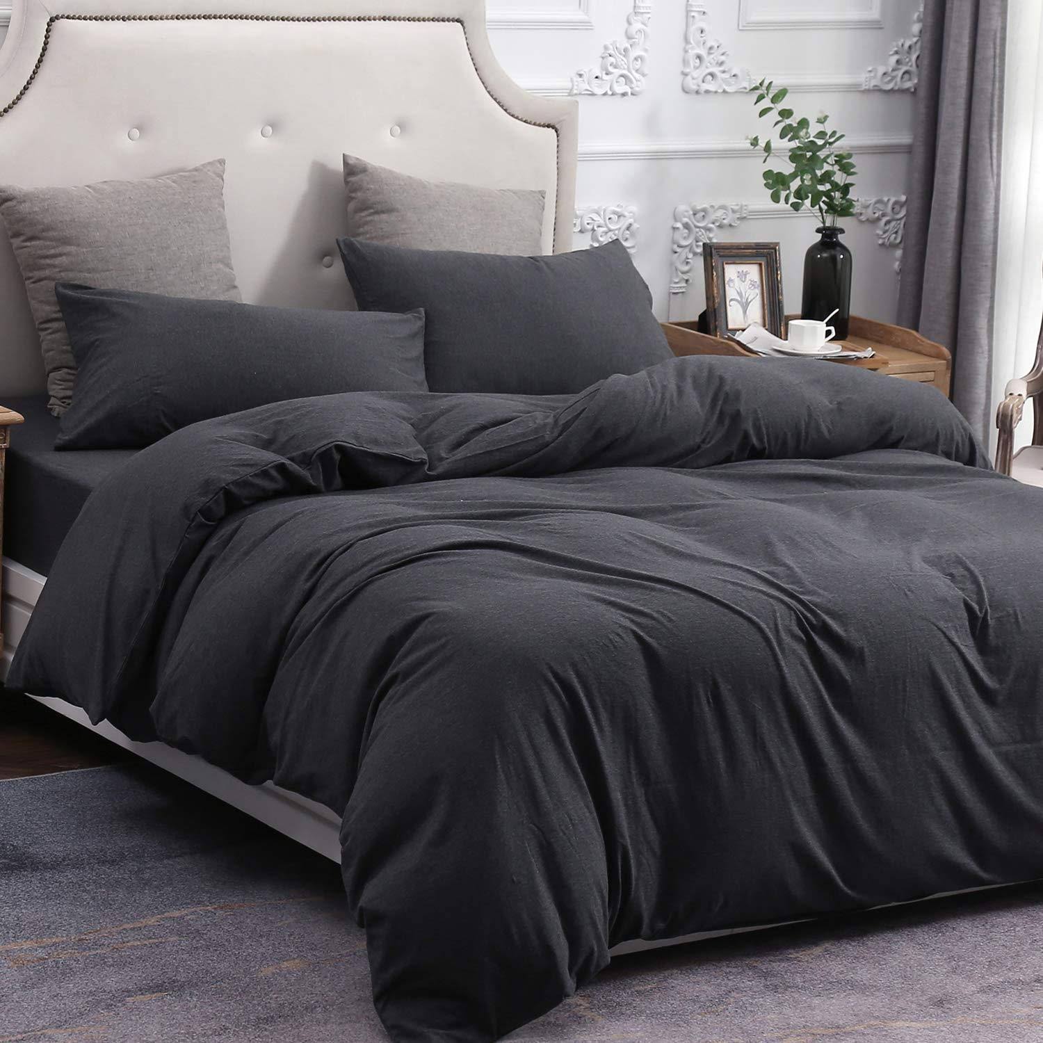 Jersey Duvet Cover Set - Charcoal Gray - Queen 100% T-Shirt Cotton Super Soft Comfy 3PC Bedding Set with Zipper Closure