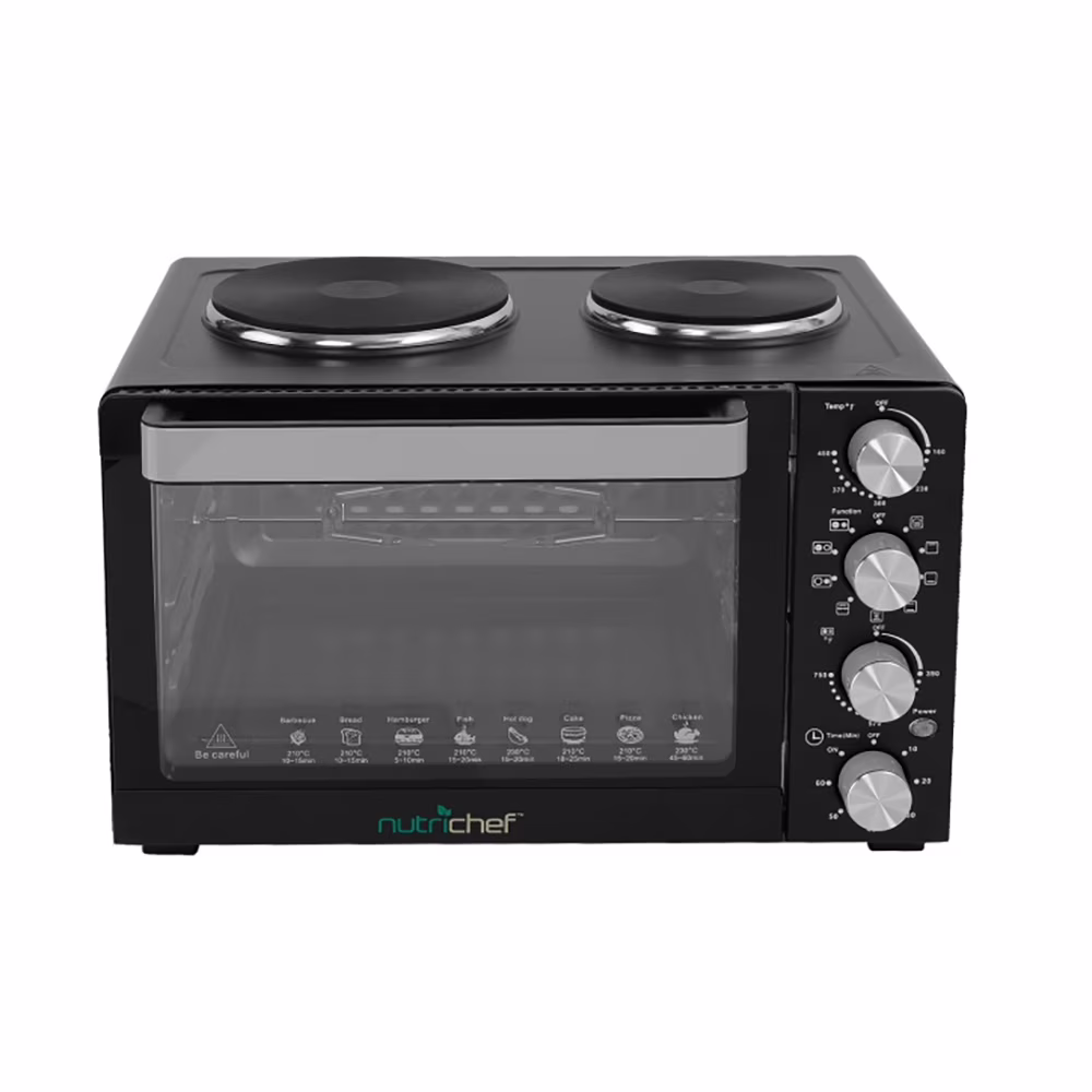 Nutrichef 30 Quart Kitchen Convection Oven & 2 Burner Cooker - 1500 Watt Oven - 7 Cook Functions Rotisserie, Cook, Bake, Broil & More - Includes Baking Tray, Skewers & Handles - 19.6 x 16.0 x 13.5 IN
