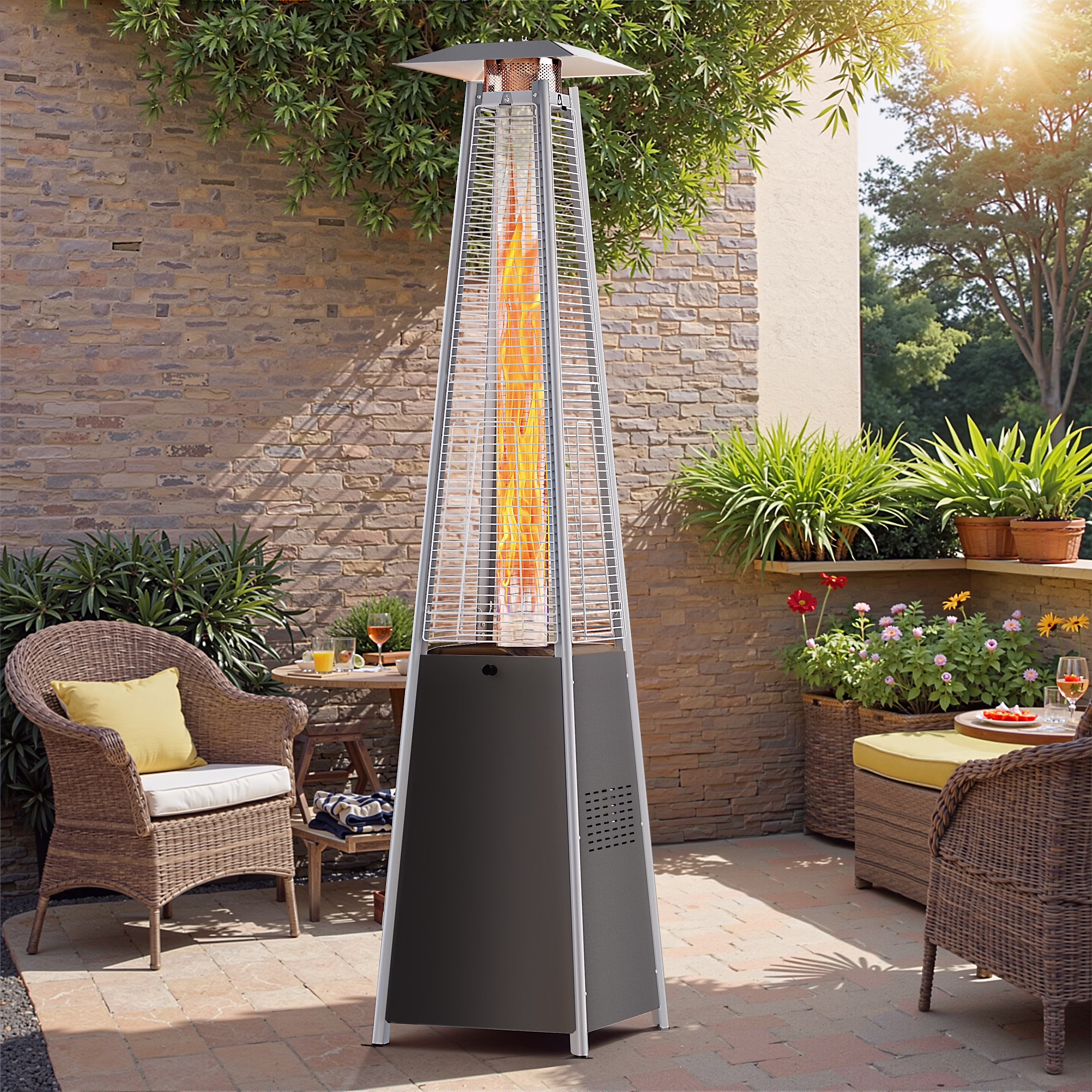 48,000 BTU Pyramid Patio Heater, Tall Standing Outdoor Propane Heater with Wheels Tip-Over Safety Protection, Visible Flame Glass Tube for Backyard, Garden, Commercial Use Gray(Gray)