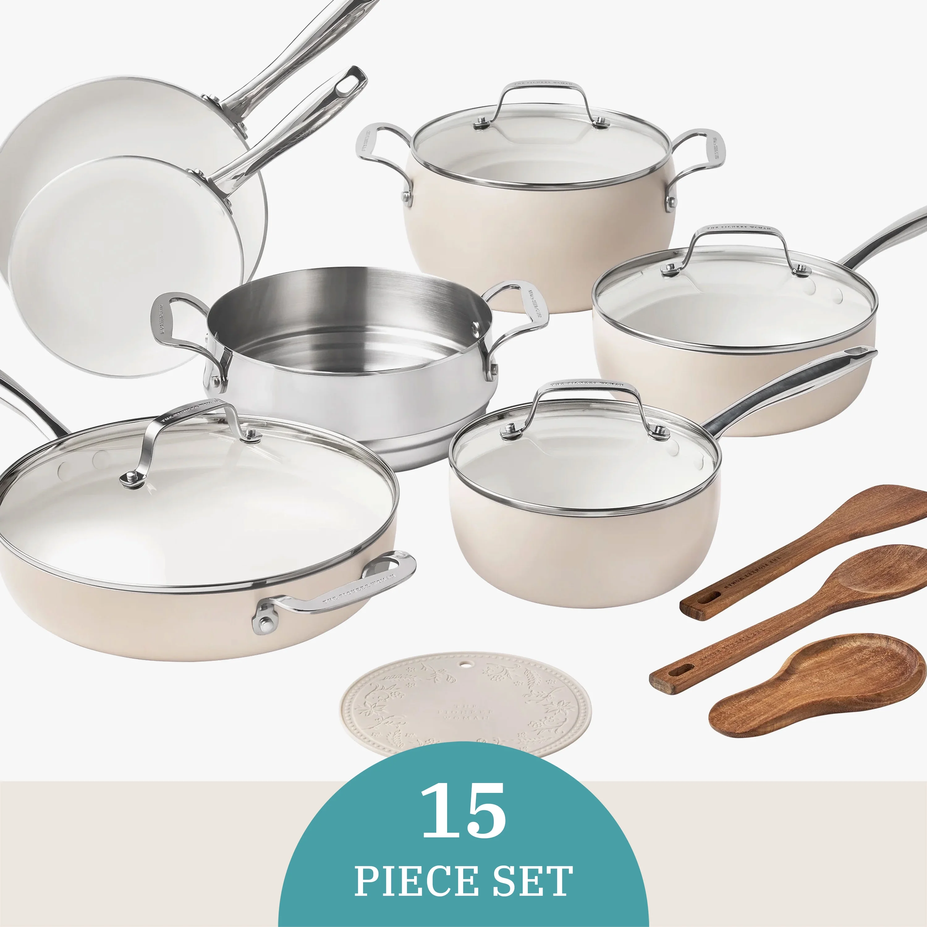 Harlow 15-Piece Cookware Set, Ceramic Non-Stick Pots and Pans Set, Taupe(Taupe) - Image 6