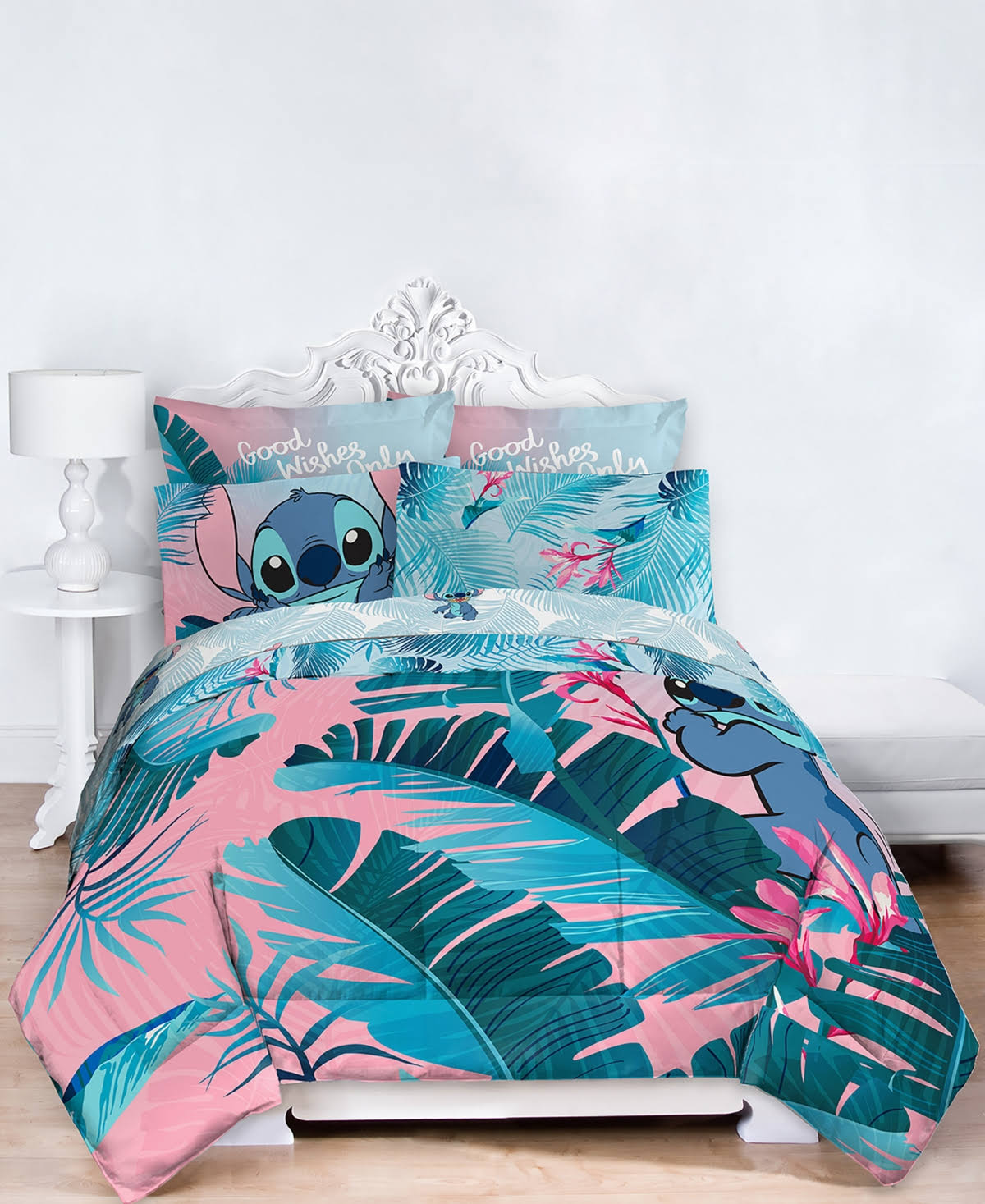 Lilo & Stitch Tropical Flowers Kids Queen Bed in A Bag Bedding Set w/ Reversible Comforter, Blue