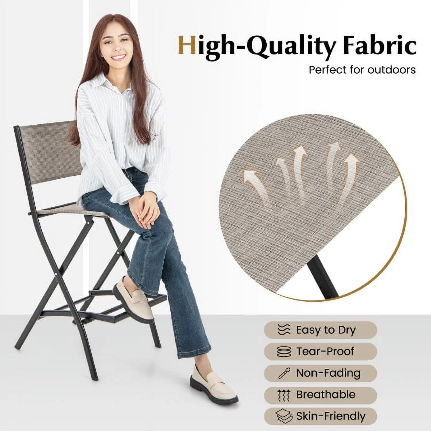 Spaco Outdoor Folding Bar Height Stool Set of 4 with Metal Frame and Footrest-Coffee, Outdoor Stackable Dining Chairs for All Weather, Breathable Garden Outdoor Furniture for Backyard Deck