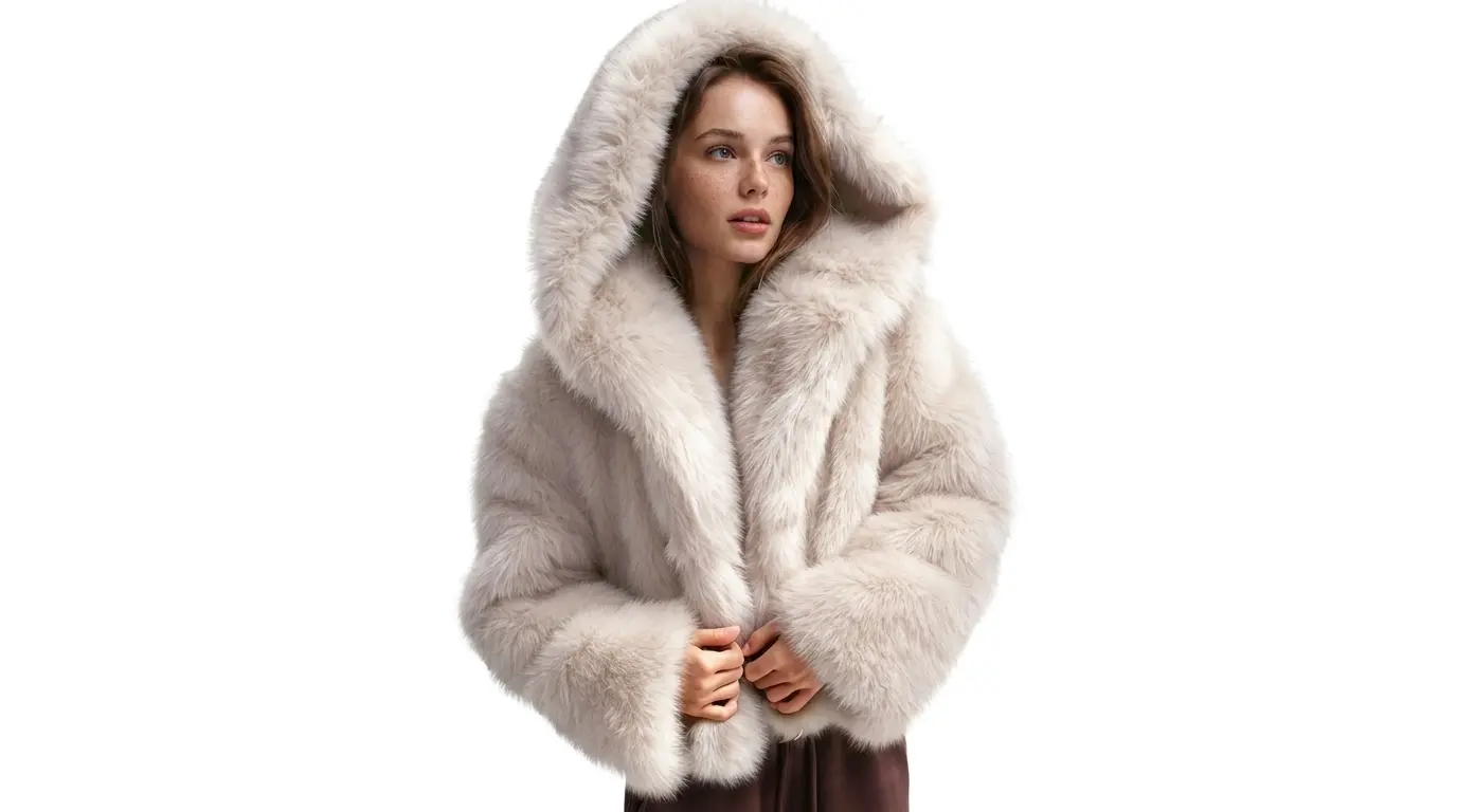 Woman modeling a cropped cream hooded faux fur jacket against a white background
