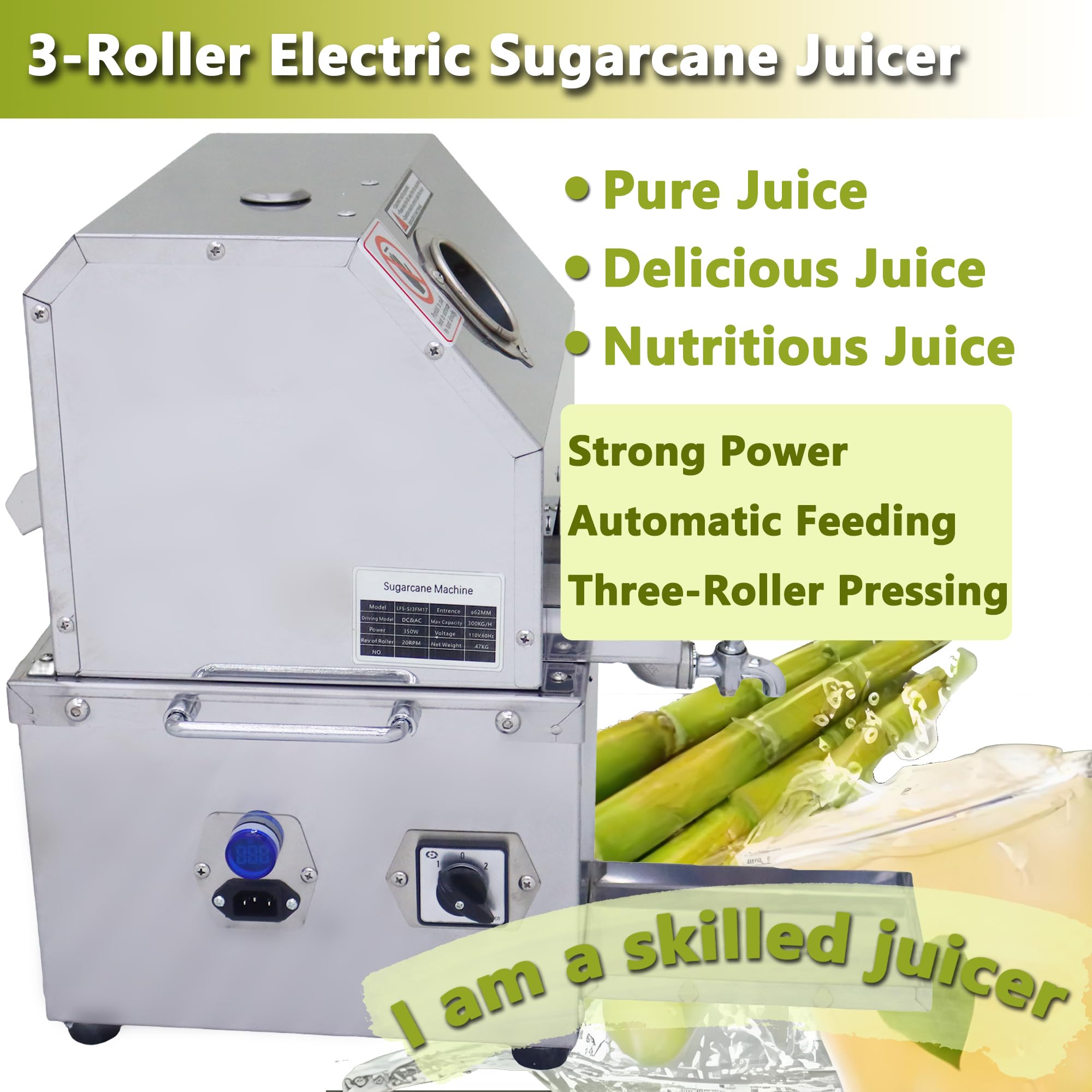 Electric Sugar Cane Juicer Machine Heavy Duty 3 Stainless Steel Rollers Cane Juice Machine 24V DC/110V AC High-Efficiency 300Kg/H Auto-Adjusting Gears Easy-Clean for Home/Commercial Use