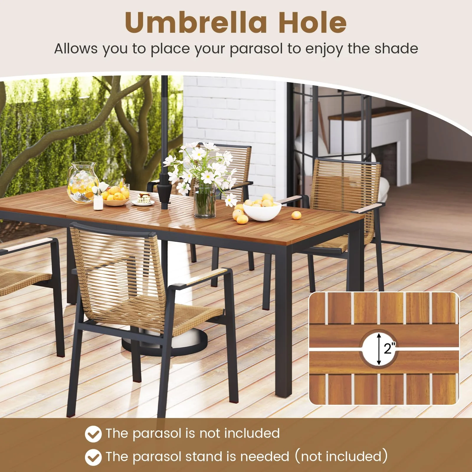 Tangkula Patio Rectangular Table with Umbrella Hole and 8 Solid Acacia Armchairs