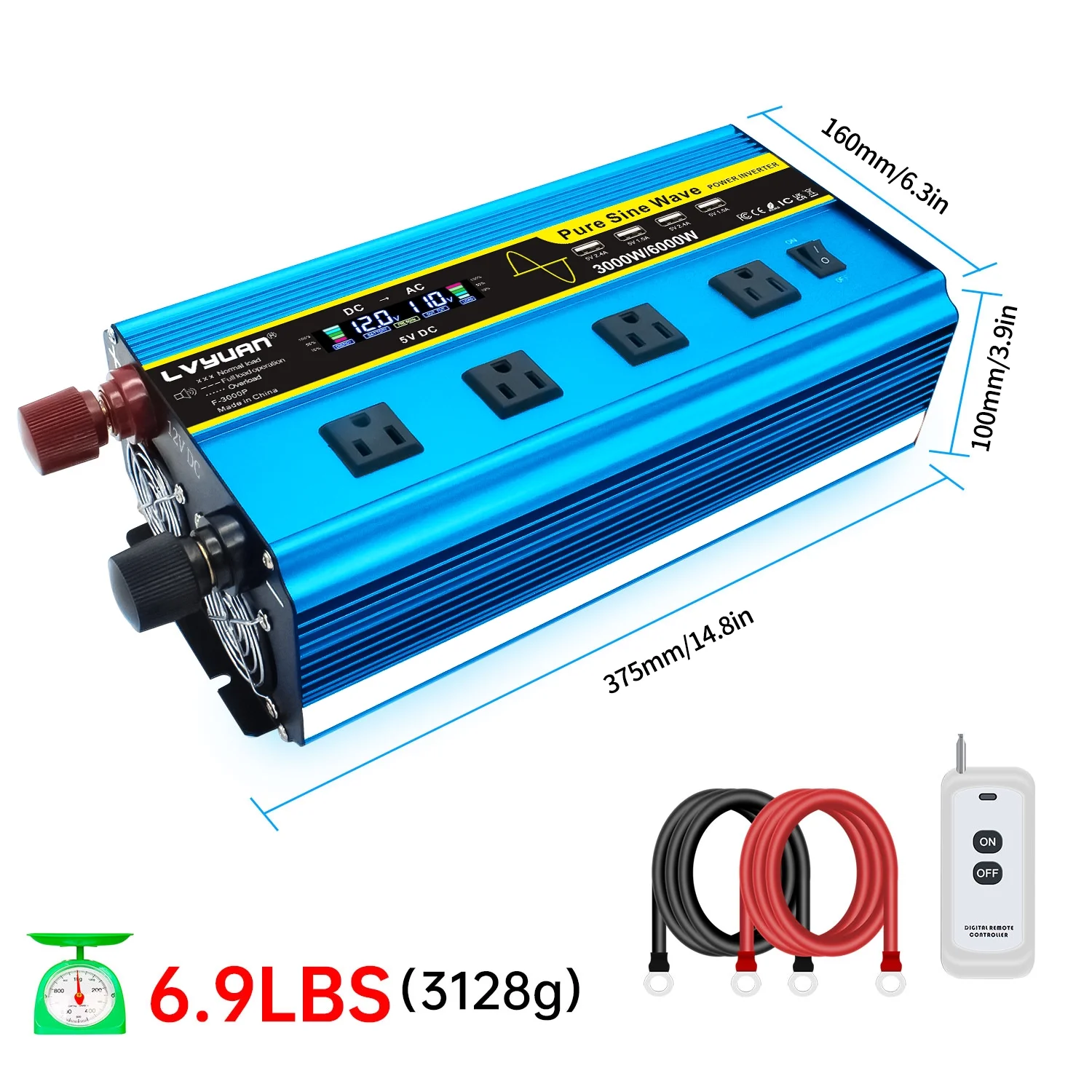 LVYUAN 3000watts Pure Sine Wave Power Inverter DC 12V to AC 110V 120V Converter 4USB 4AC LCD Display with Remote Control