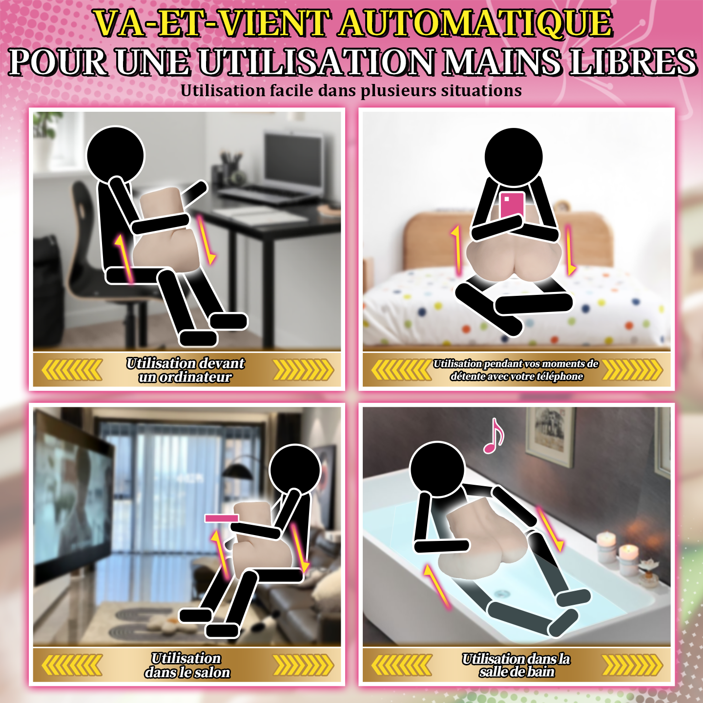 Illustration du masturbateur automatique utilisé dans différentes positions assises