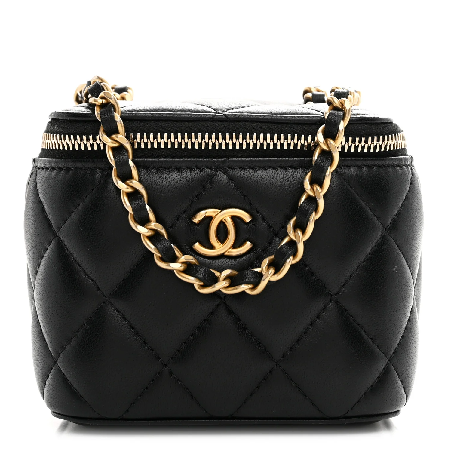 Lambskin Quilted Mini Pearl Crush Vanity Case With Chain Black