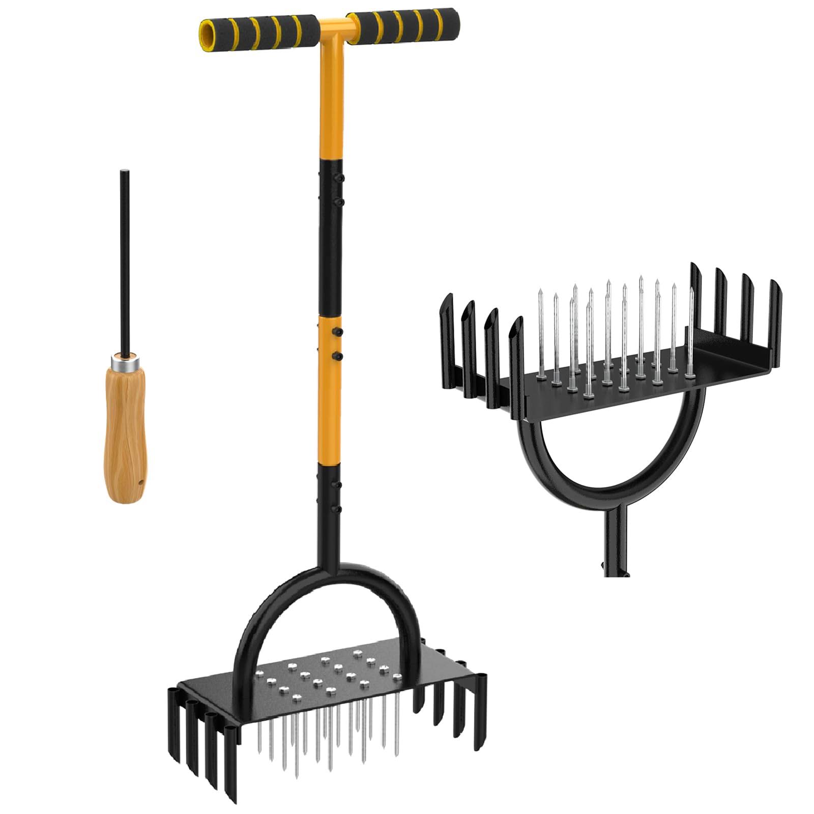 Aerator Lawn Tool & Core Aerator Upgraded 2 in 1, Spike Manual Dethatching & Soil Aerator Lawn Yard Tool with 16 Iron Spikes and 8 Cores,