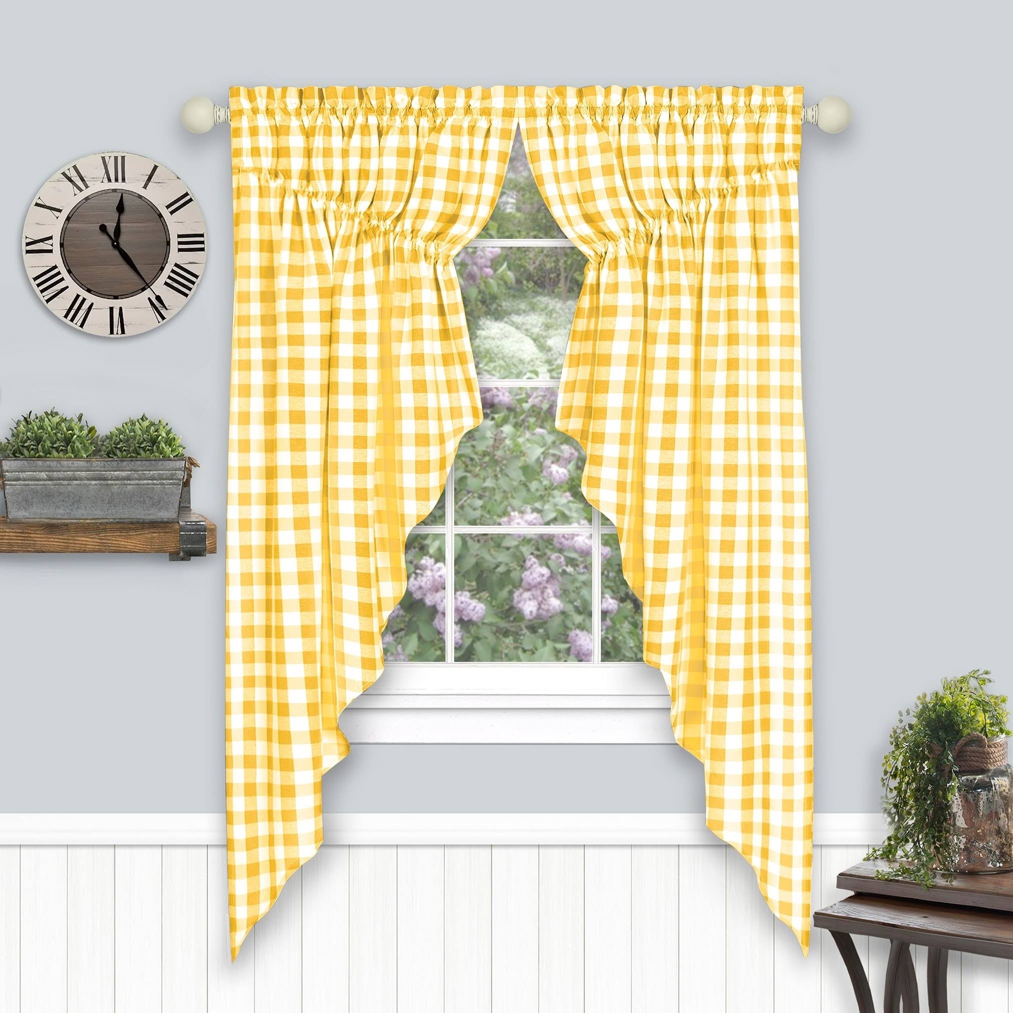 Buffalo Check Gathered Swag Window Curtain Pair, 72x63 Inches - Yellow