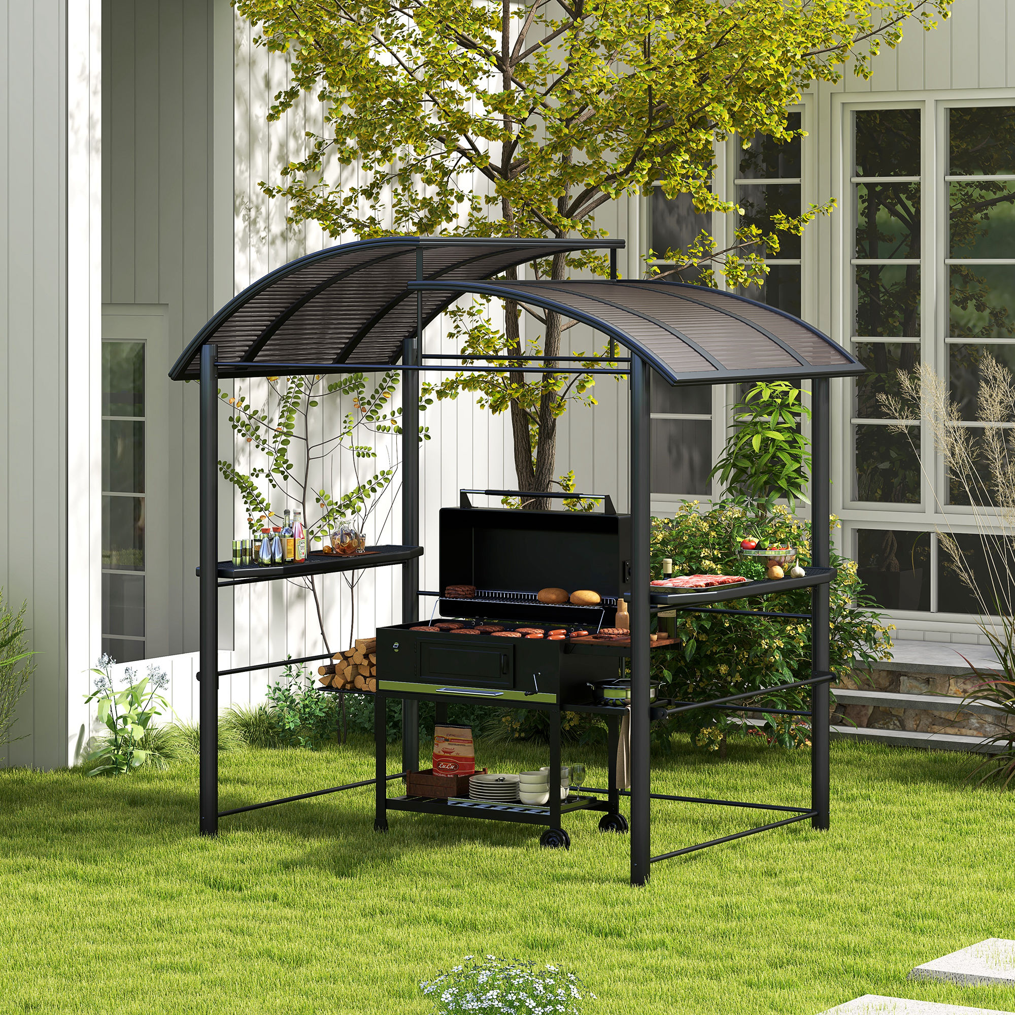 Outsunny Grillpaviljoen Grilldak Grillprieel, weerbestendig, 240 cm x 150 cm x 230 cm, Geelbruin + Donkergrijs