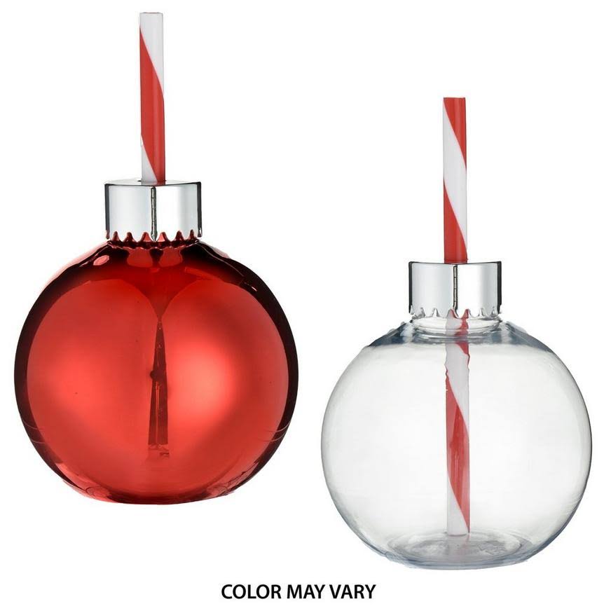 Christmas Ornament Plastic Cup with Straw, 12oz | Holiday & Occasion P