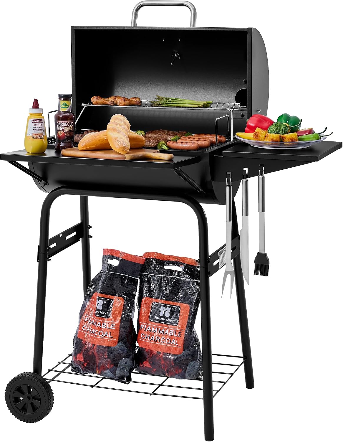 Royal Gourmet CC1624 Barrel Charcoal Grill with Side and Front Shelves