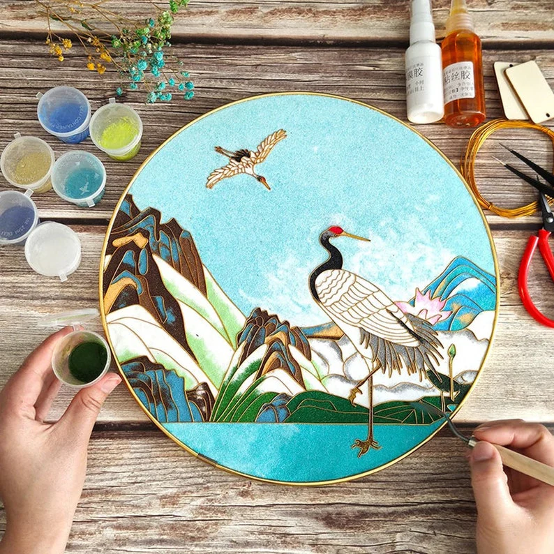Blue Crowned Crane and Waves,Beginner Cloisonné Enamel DIY Kit, with Tutorial& All Tools